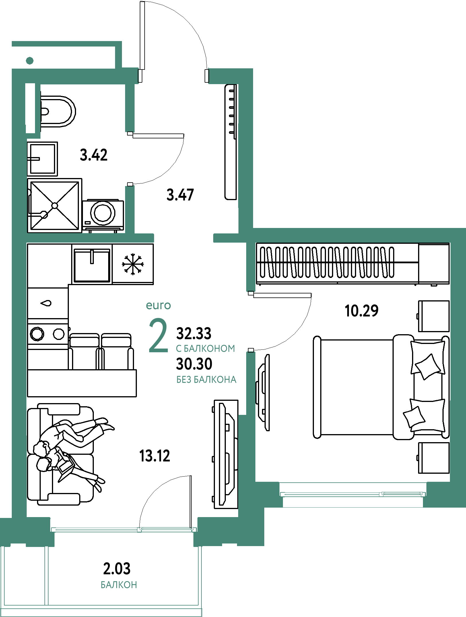 Планировка: Евродвушка 32,33 м² в ЖК «Страна.Прибрежная»