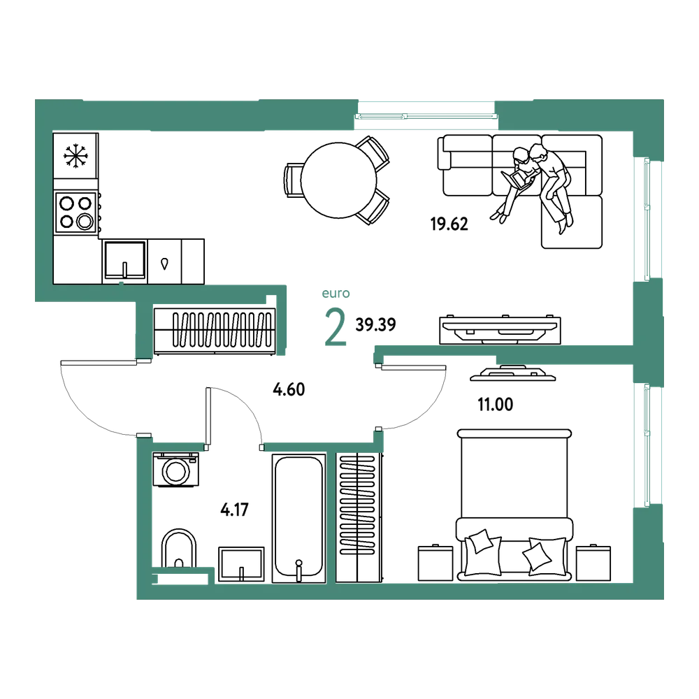 Планировка: Евродвушка 39,39 м²