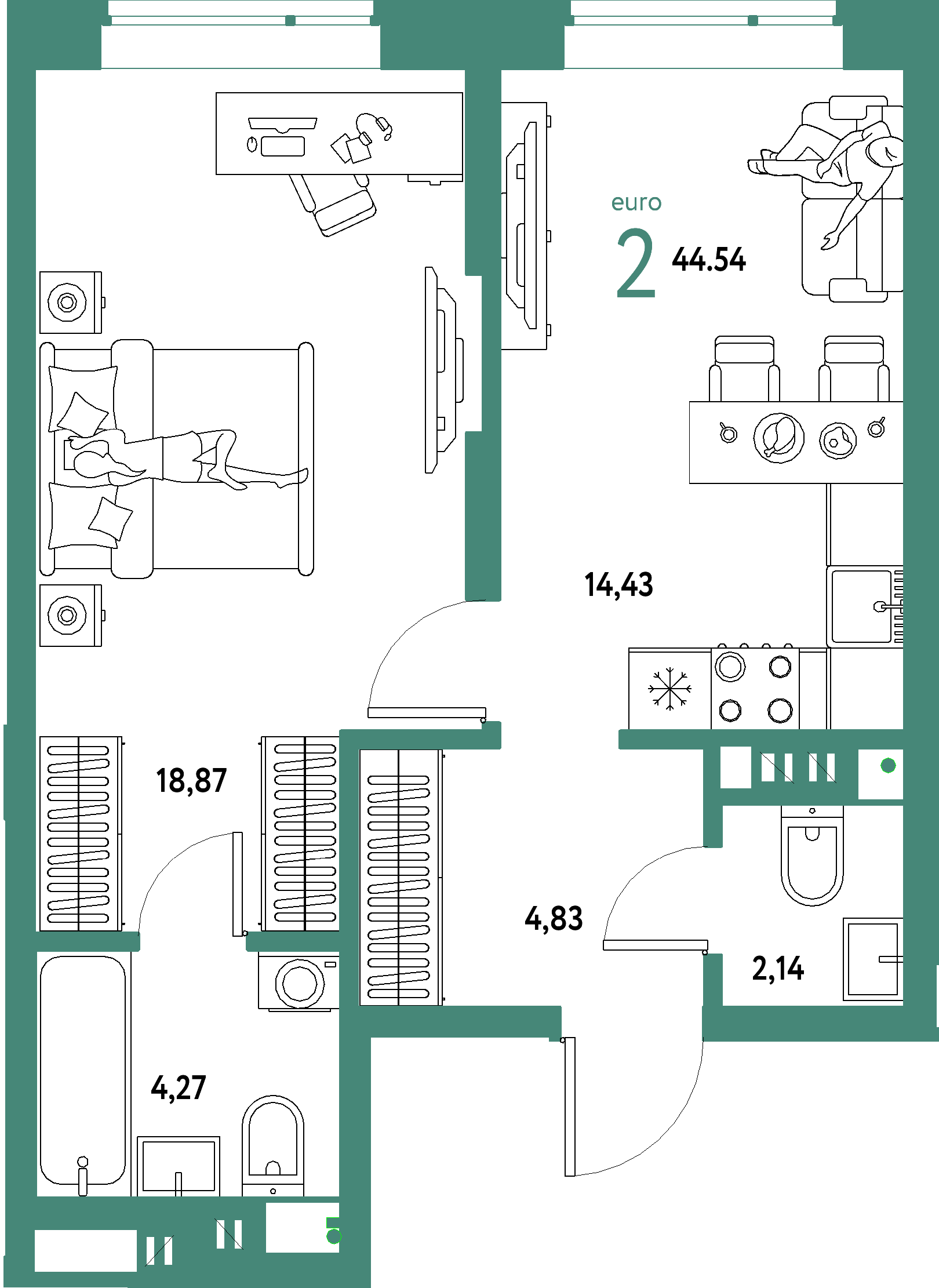 Планировка: Евродвушка 44,54 м² в ЖК «Авторский»