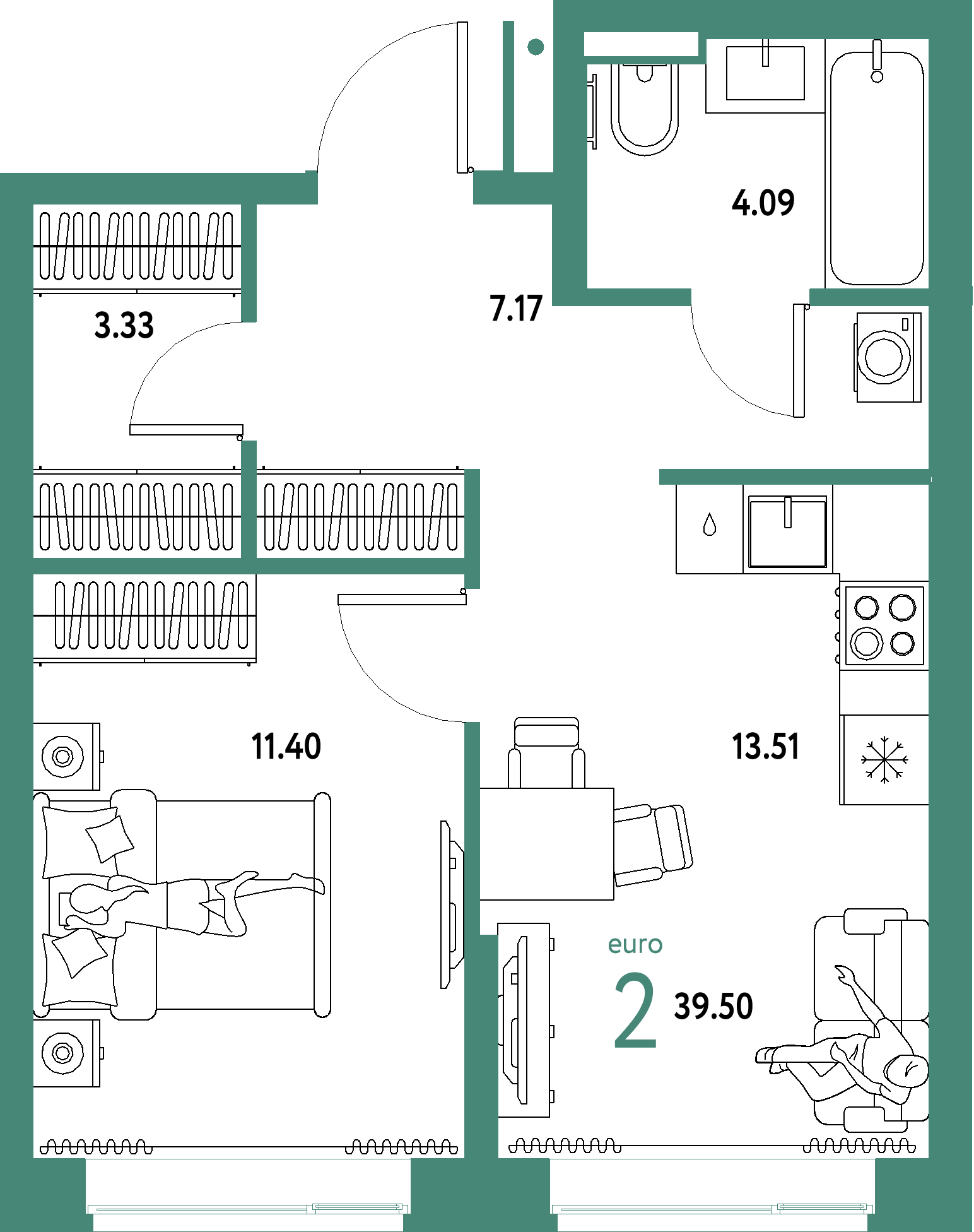 Планировка: Евродвушка 39,5 м² в ЖК «Домашний»