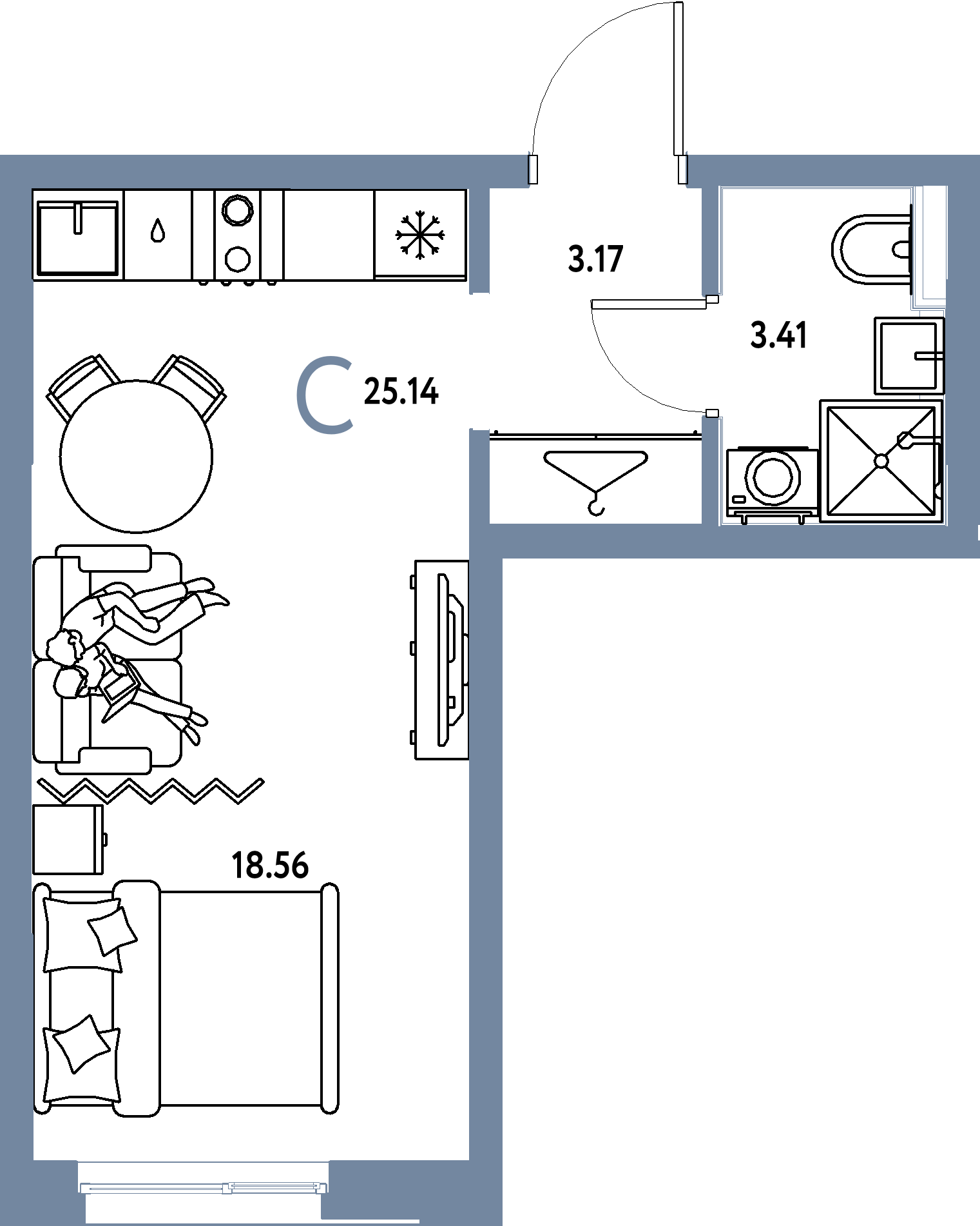 Планировка: Студия 25,14 м² в ЖК «Страна.Прибрежная»