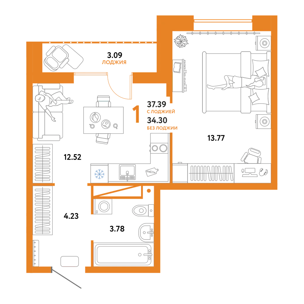 Планировка: 1-комнатная 37,39 м²