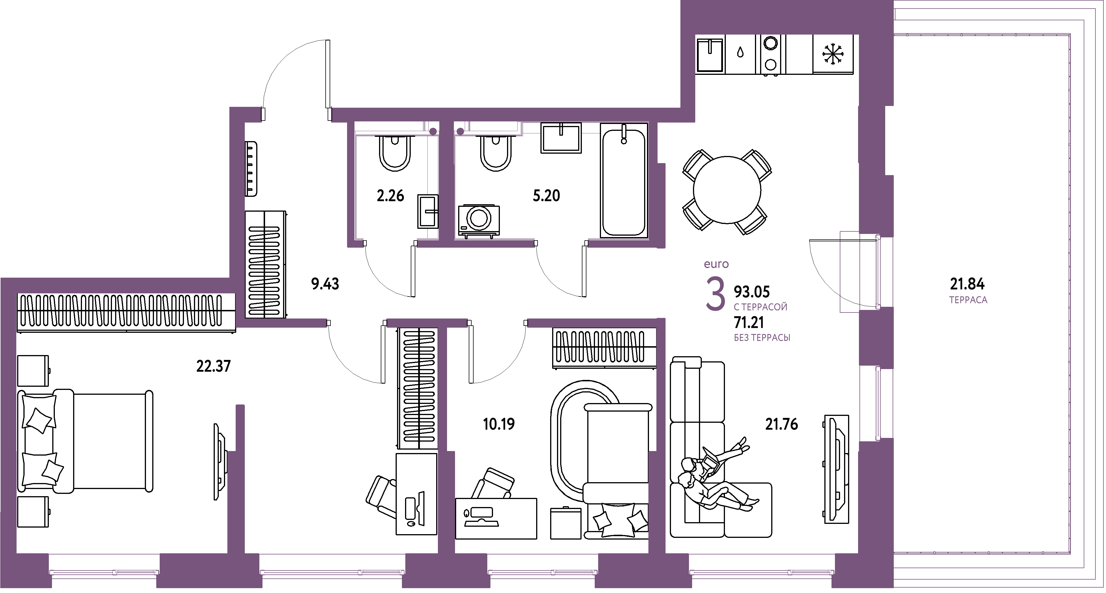 Планировка: Евротрёшка 93,05 м² в ЖК «Остров-сад»