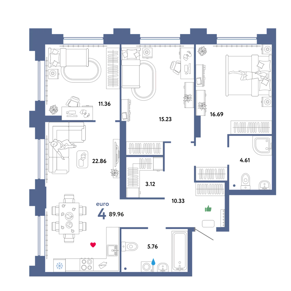 Планировка: Евро-4 89,96 м²
