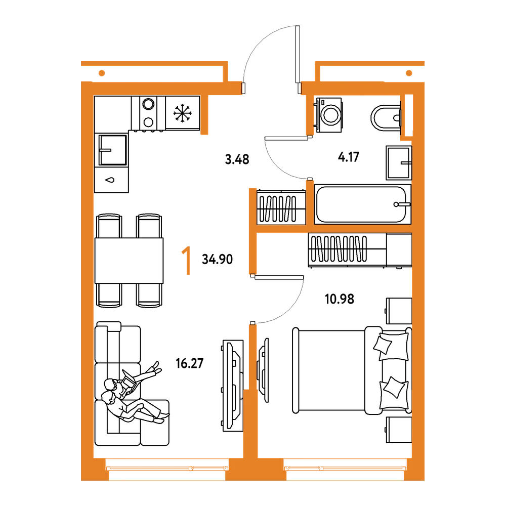 Планировка: 1-комнатная 34,9 м²