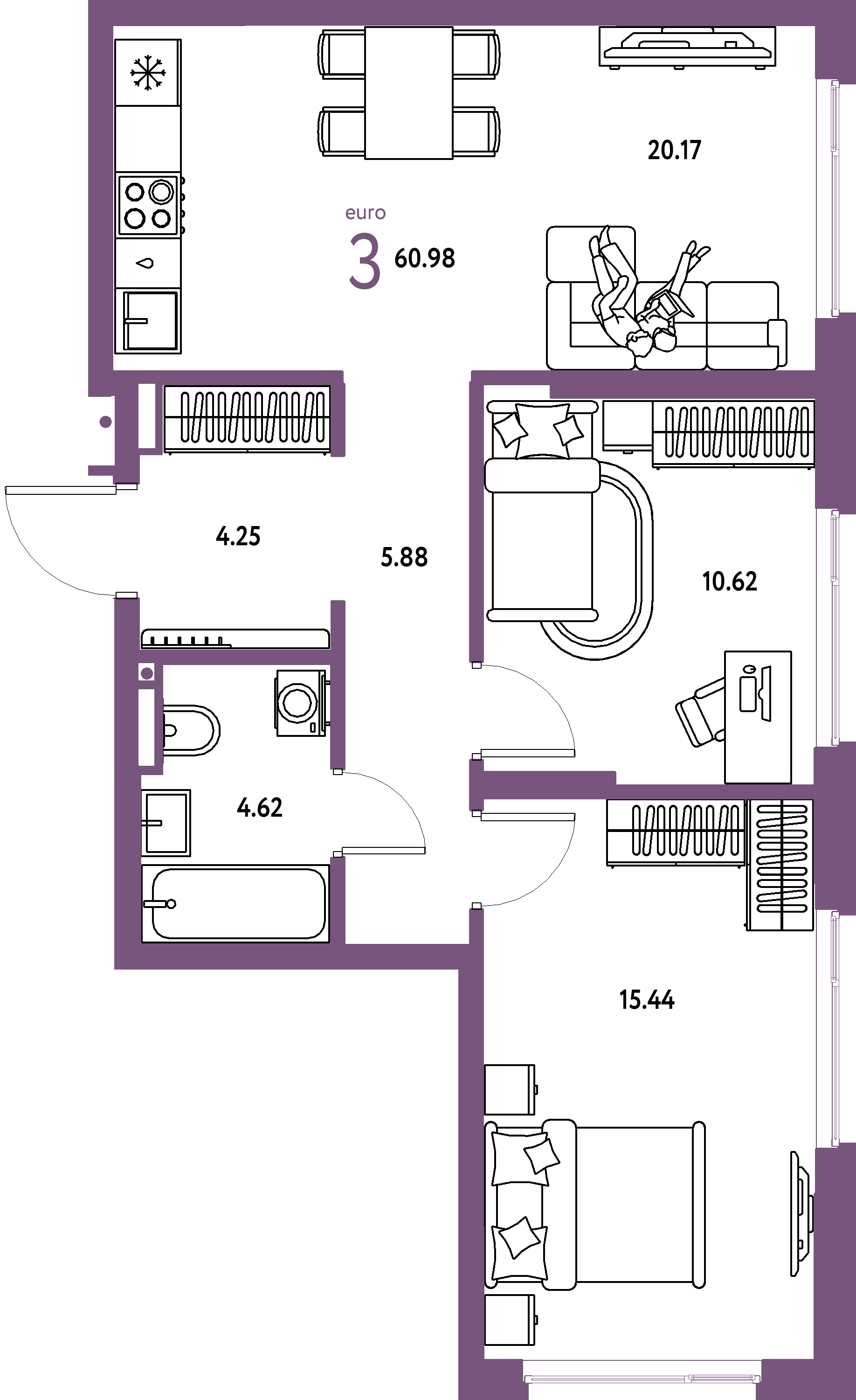 Планировка: Евротрёшка 60,98 м² в ЖК «Страна.Прибрежная»