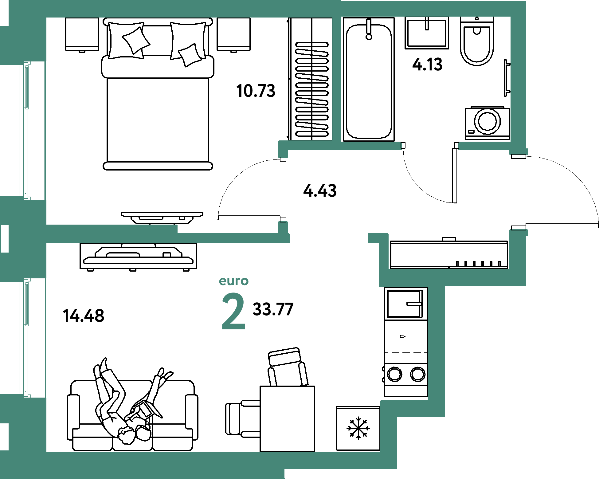Планировка: Евродвушка 33,77 м² в ЖК «Европейский берег 2.0»