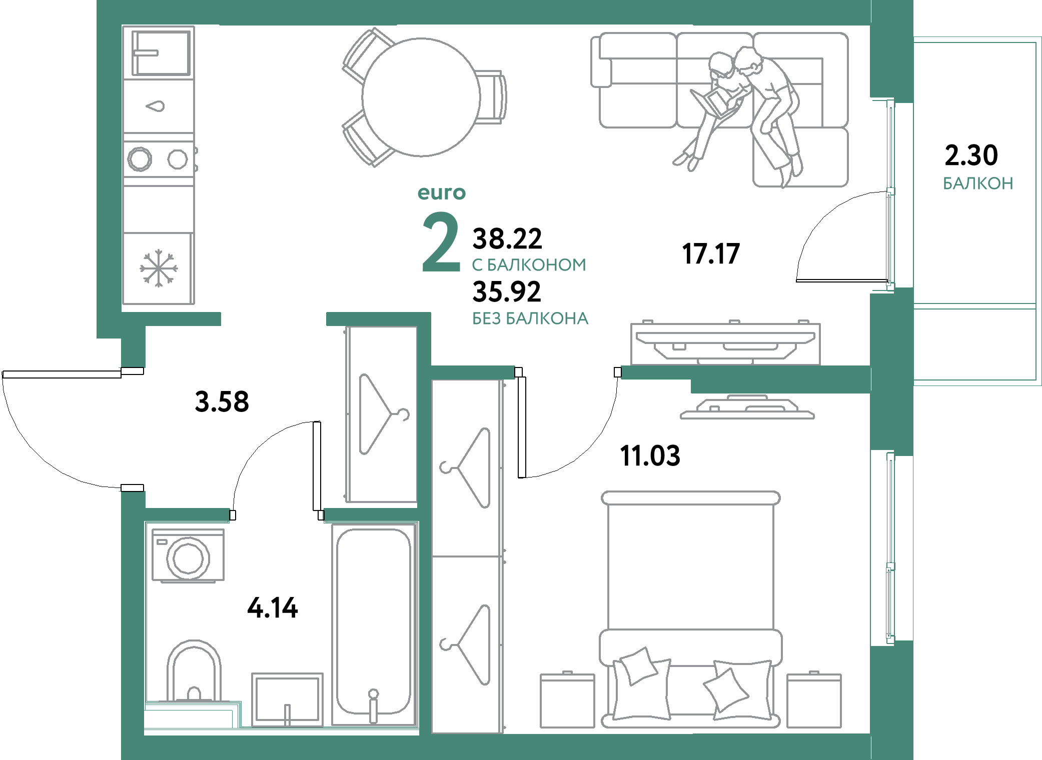 Планировка: Евродвушка 38,22 м² в ЖК «Остров-сад»