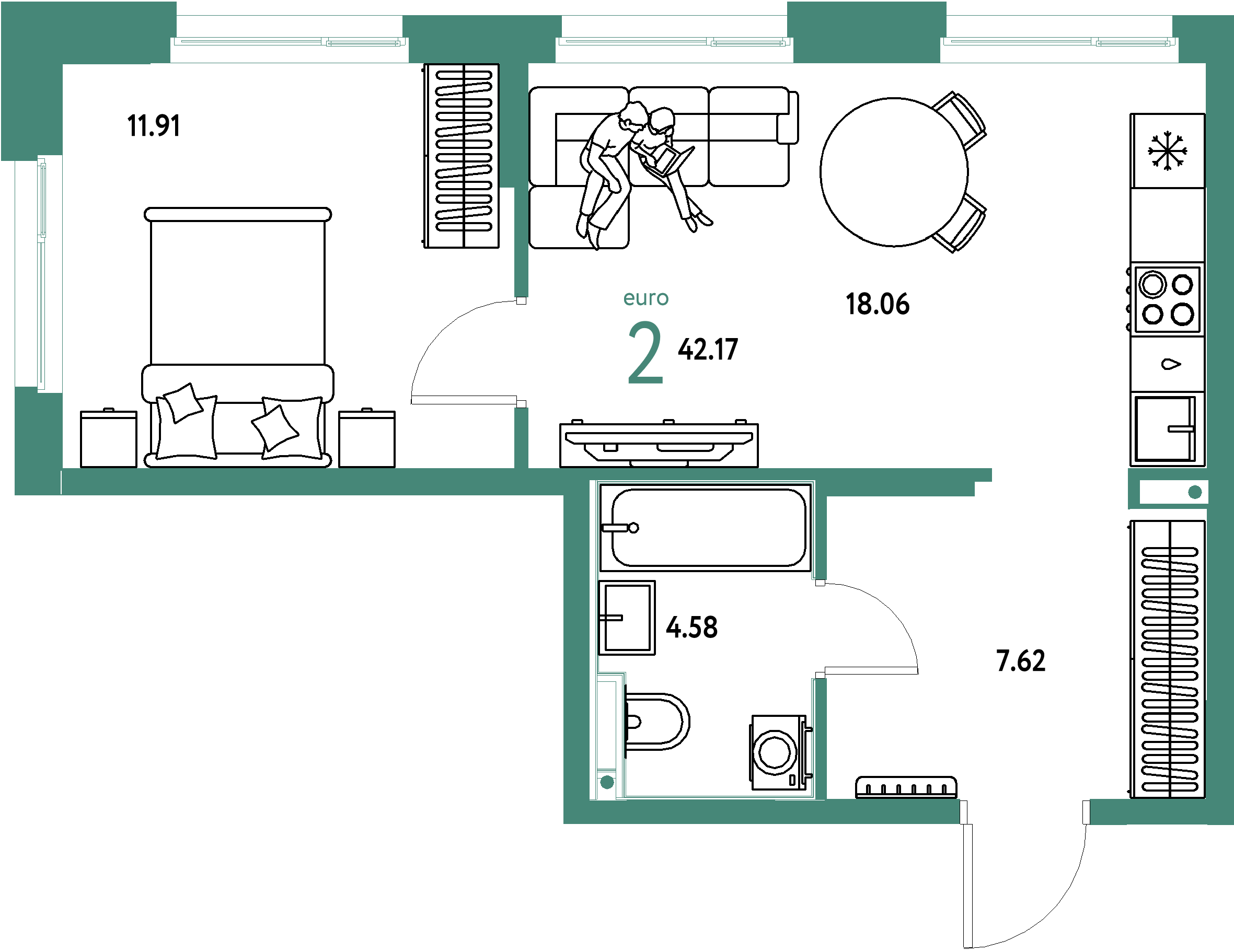 Планировка: Евродвушка 42,17 м² в ЖК «Домашний»