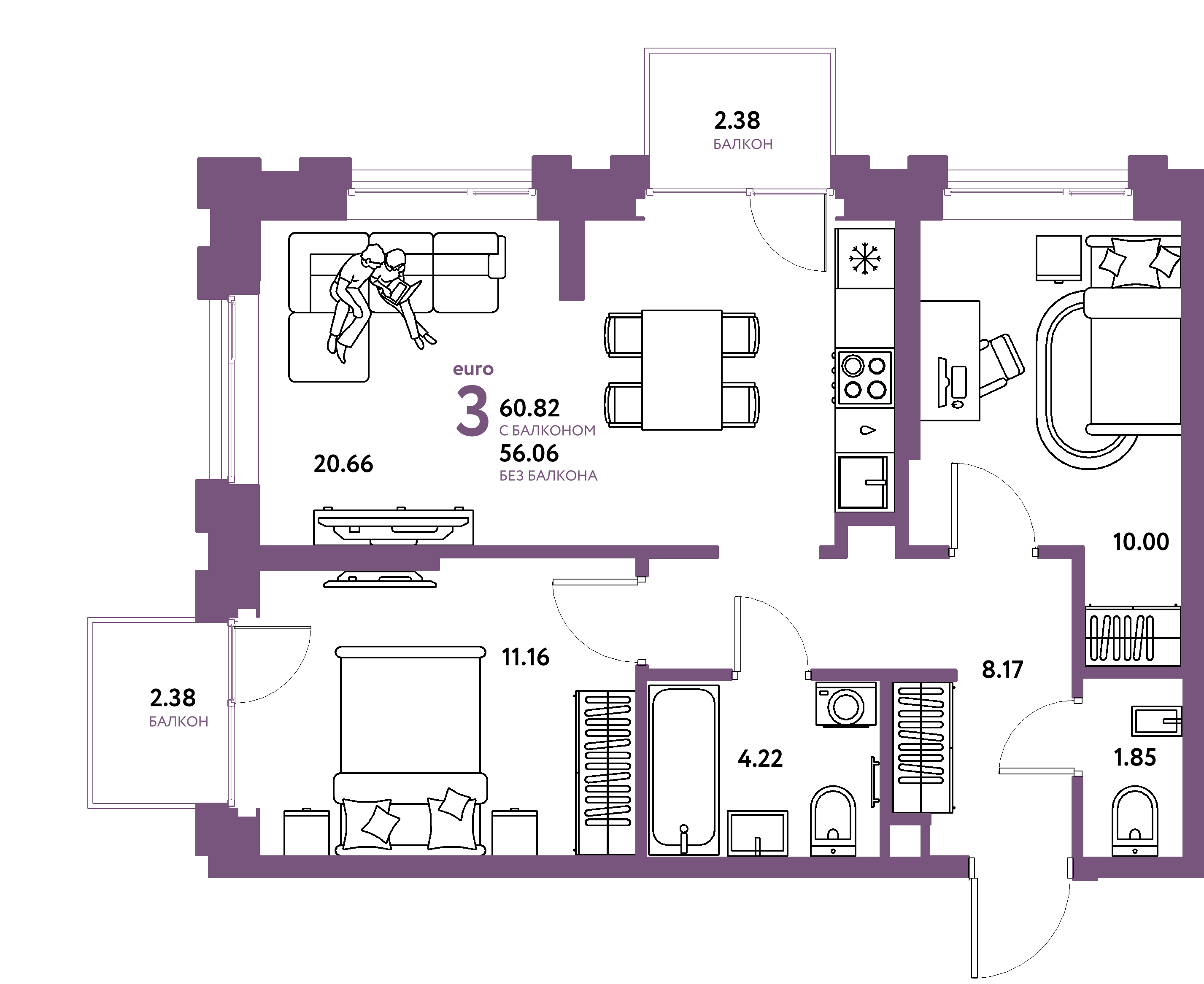 Планировка: Евротрёшка 60,82 м² в ЖК «Европейский берег 2.0»