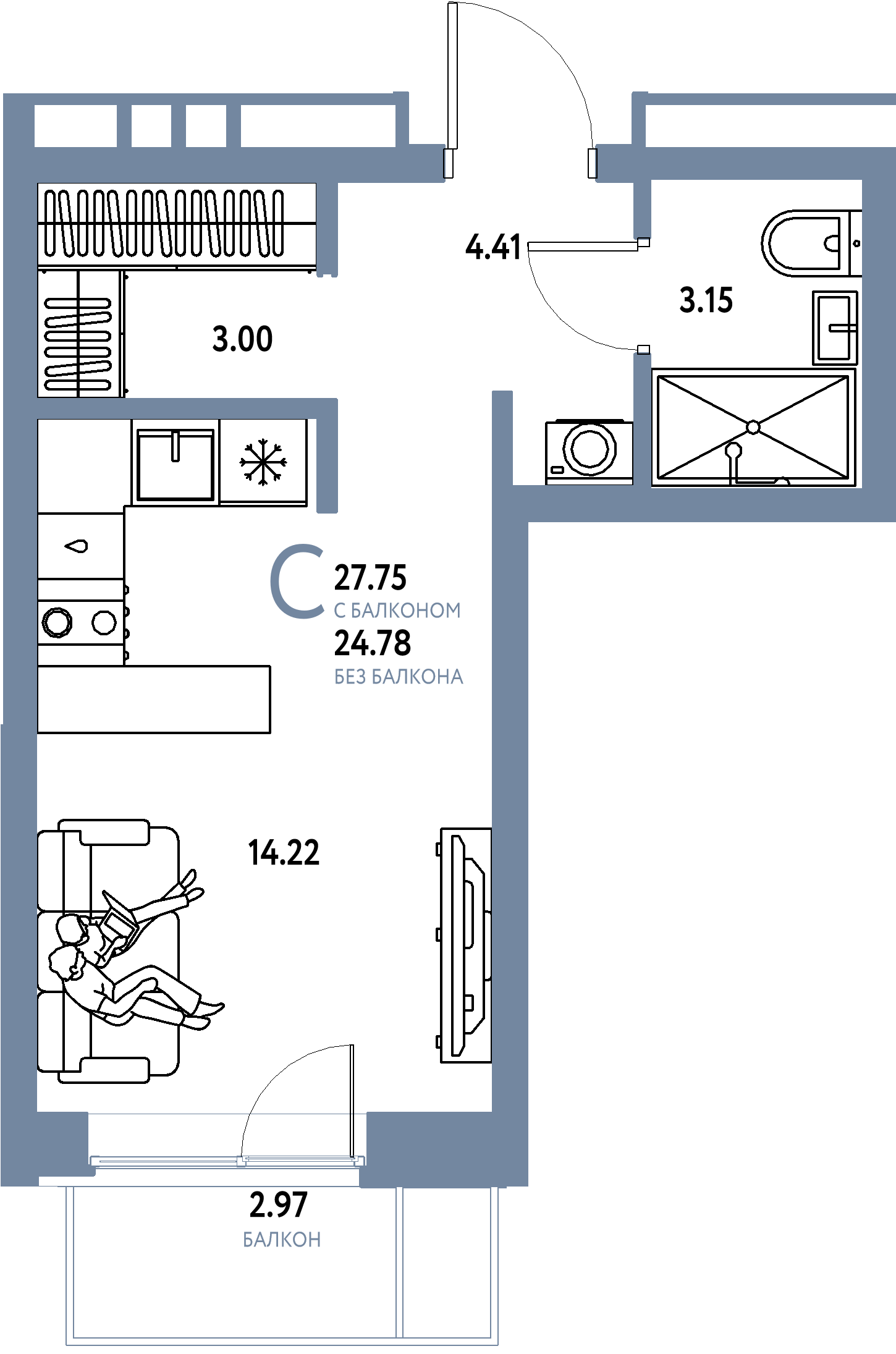 Планировка: Студия 27,75 м² в ЖК «Домашний»
