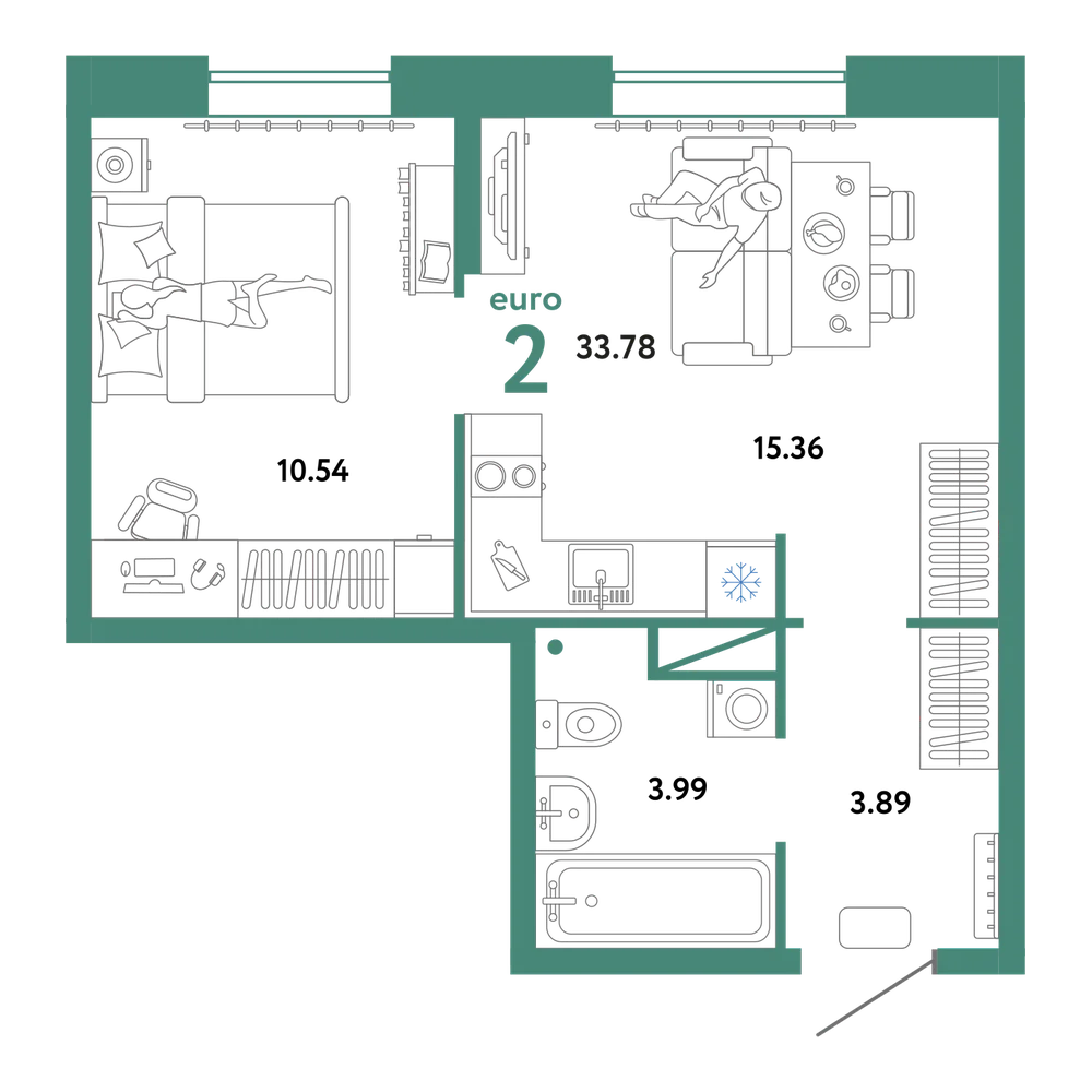 Планировка: Евродвушка 33,78 м²