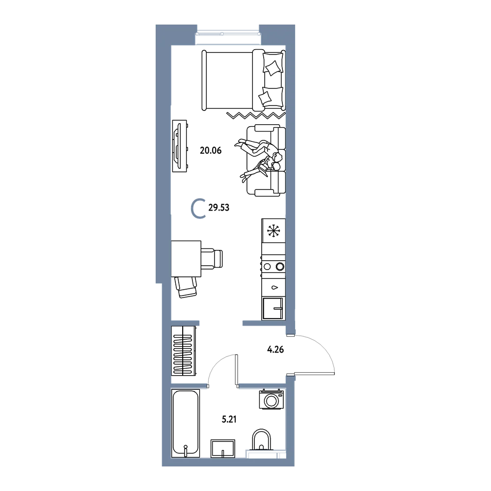 Планировка: Студия 29,53 м²