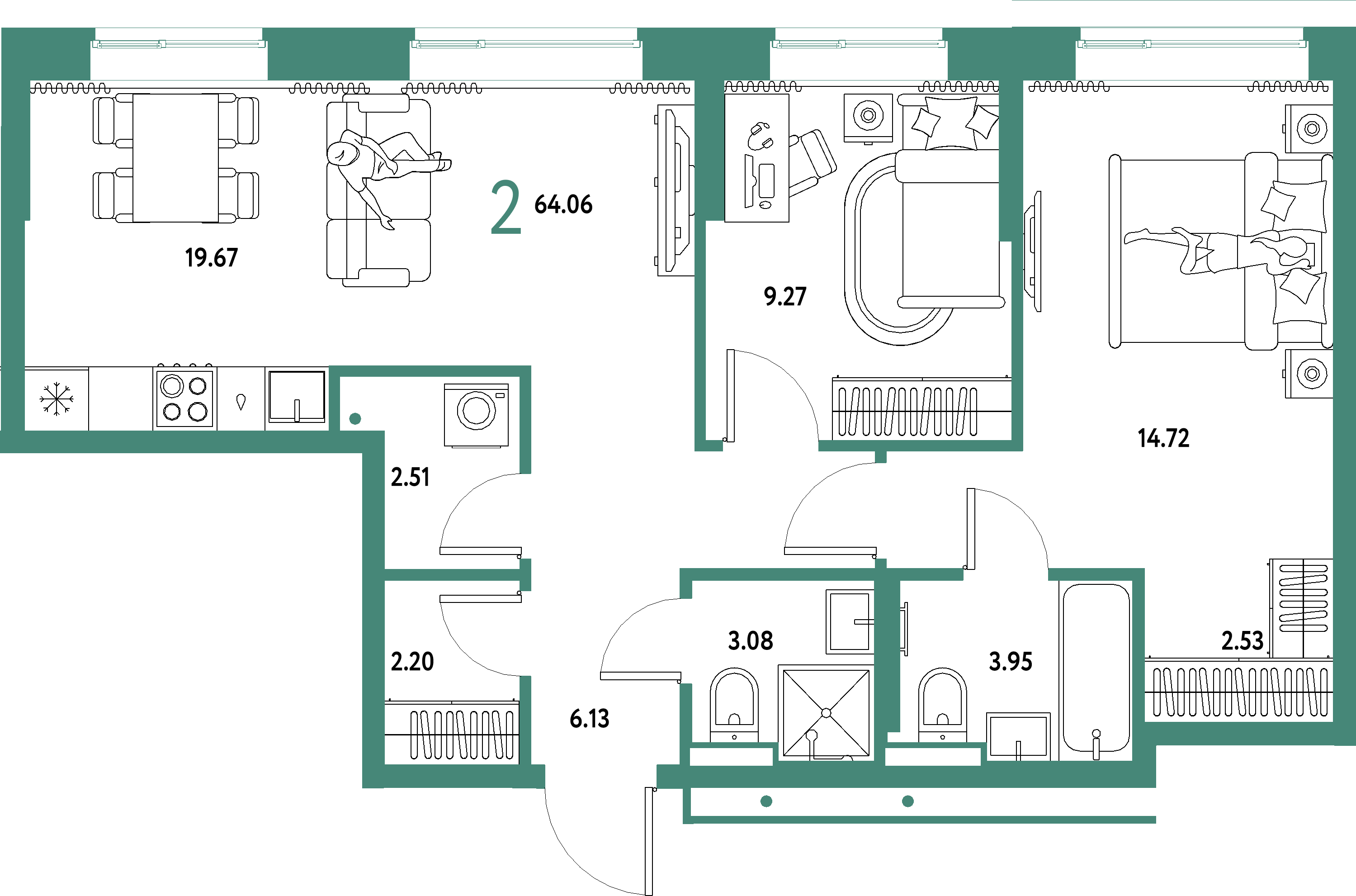 Планировка: Евротрёшка 64,06 м² в ЖК «Домашний»