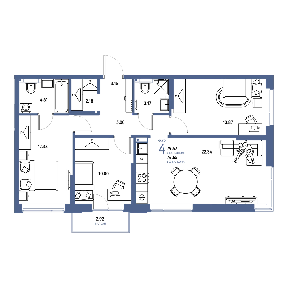 Планировка: Евро-4 79,57 м²