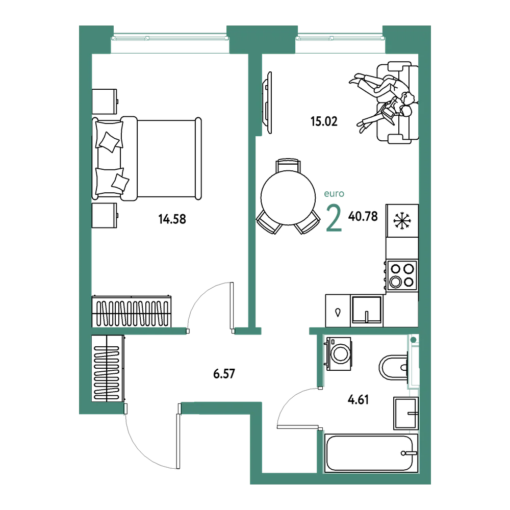 Планировка: Евродвушка 40,78 м²