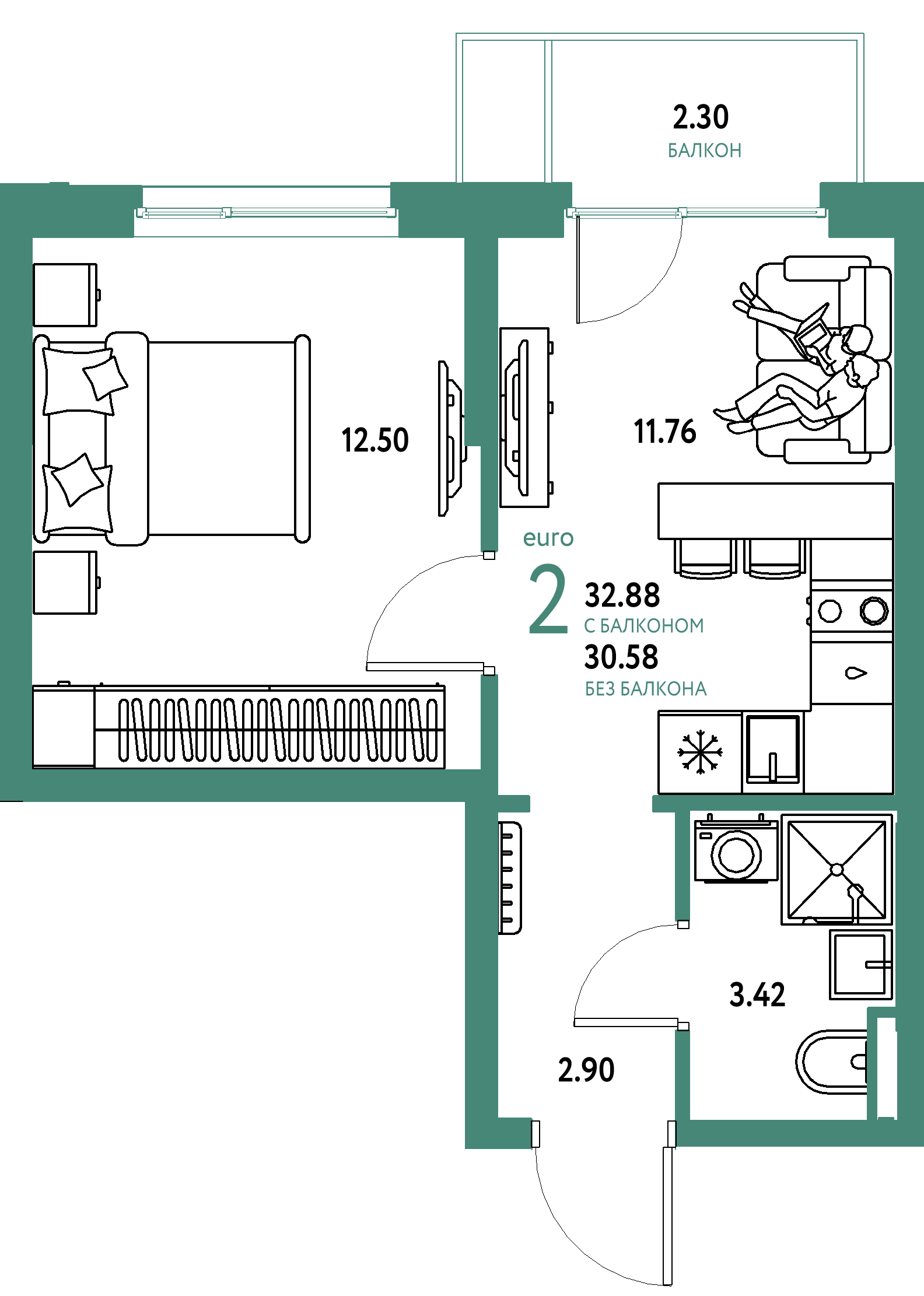 Планировка: Евродвушка 32,88 м² в ЖК «Остров-сад»