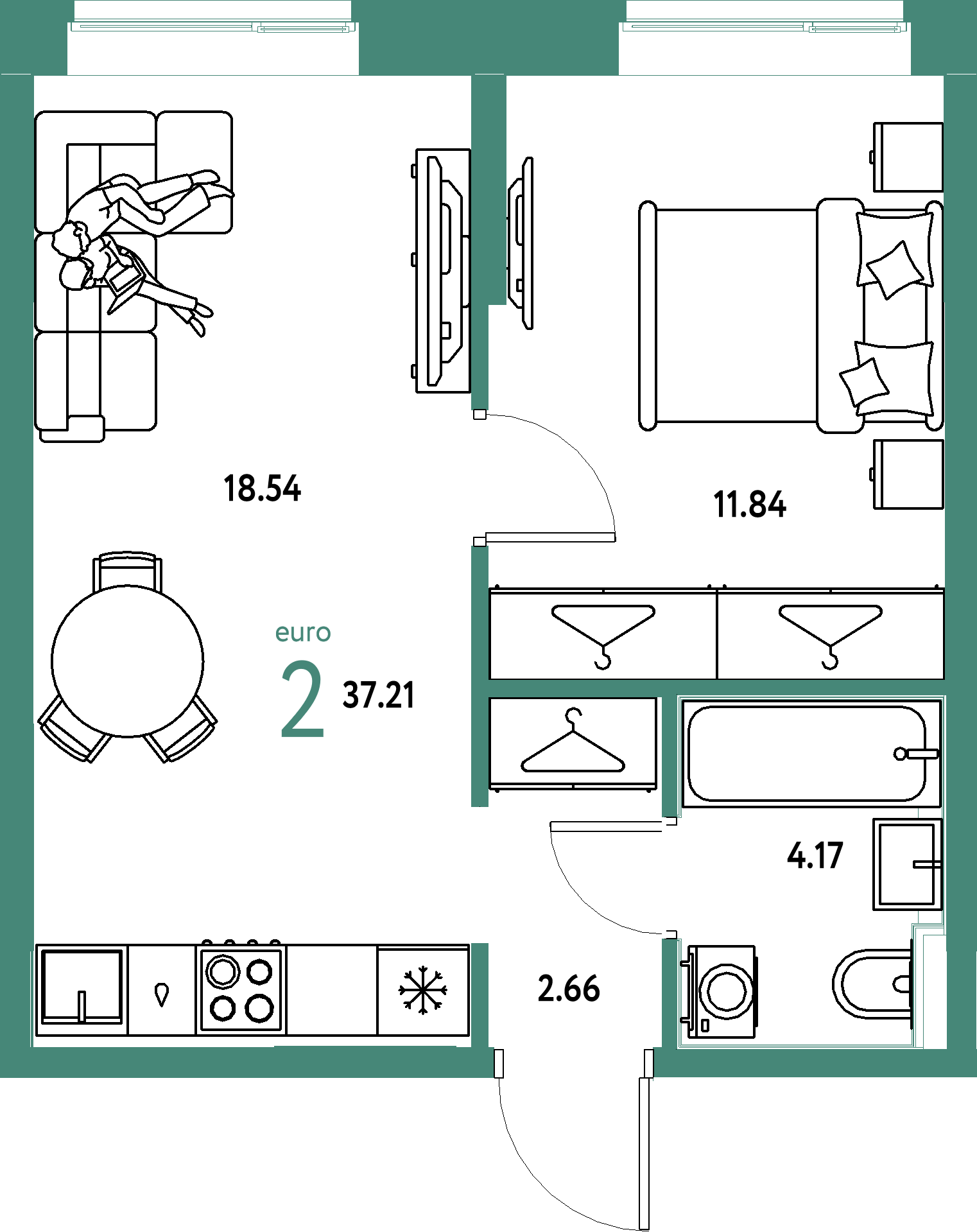 Планировка: Евродвушка 37,21 м² в ЖК «Европейский берег 2.0»