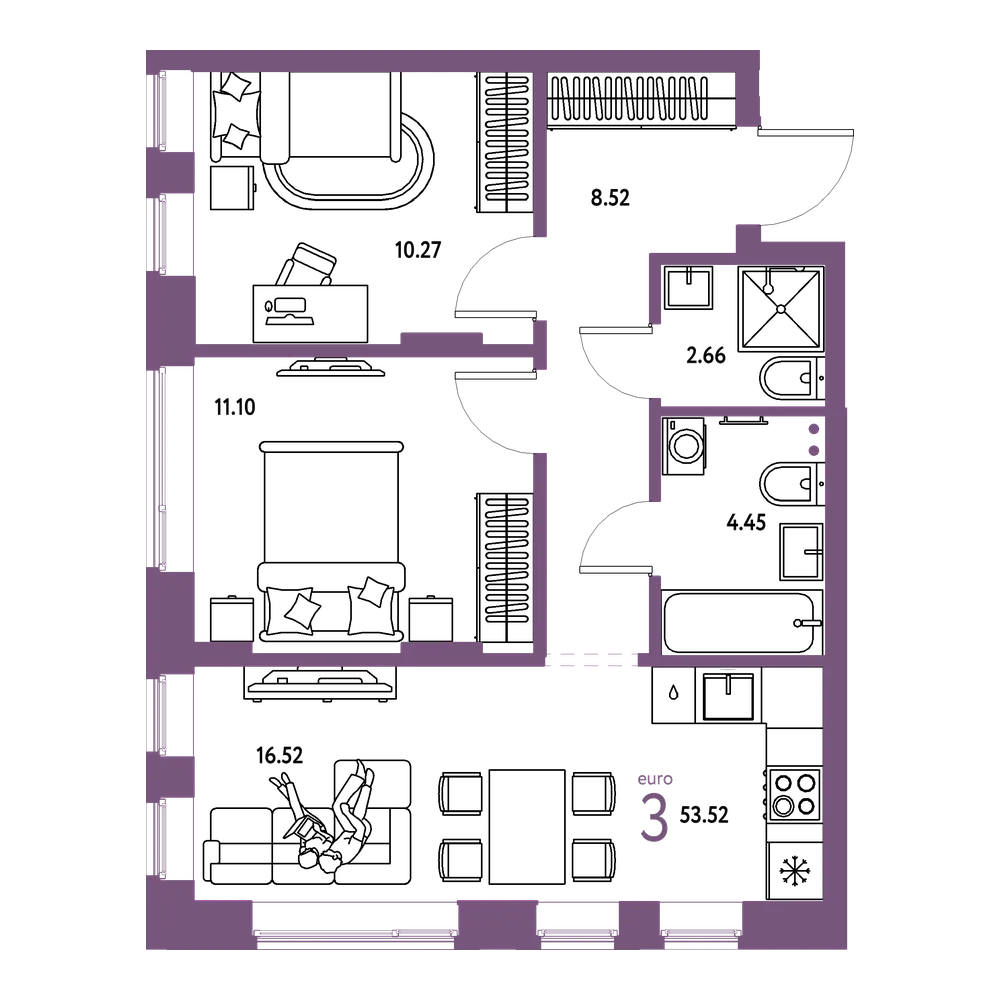 Планировка: Евротрёшка 53,52 м²