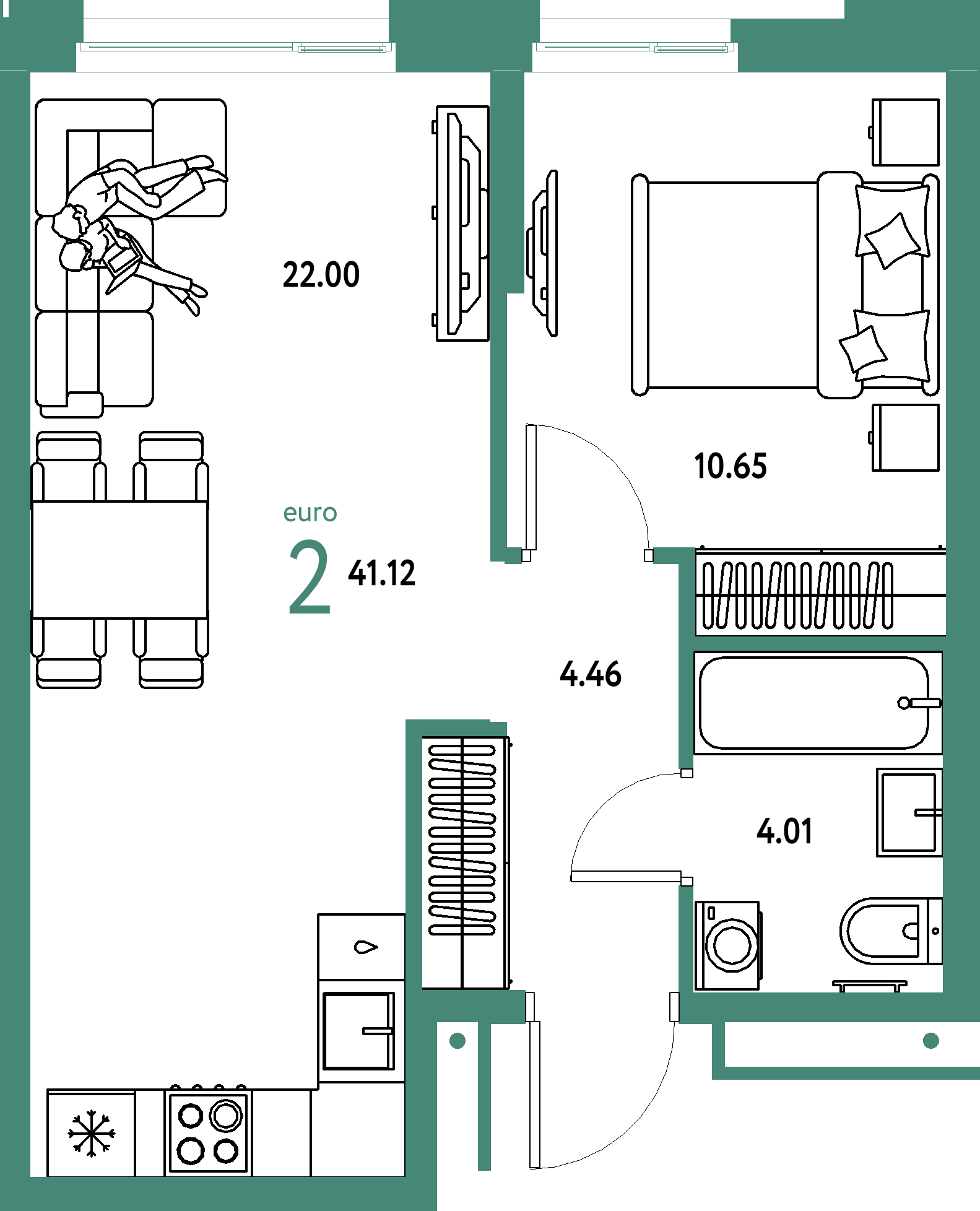 Планировка: Евродвушка 41,12 м² в ЖК «Домашний»