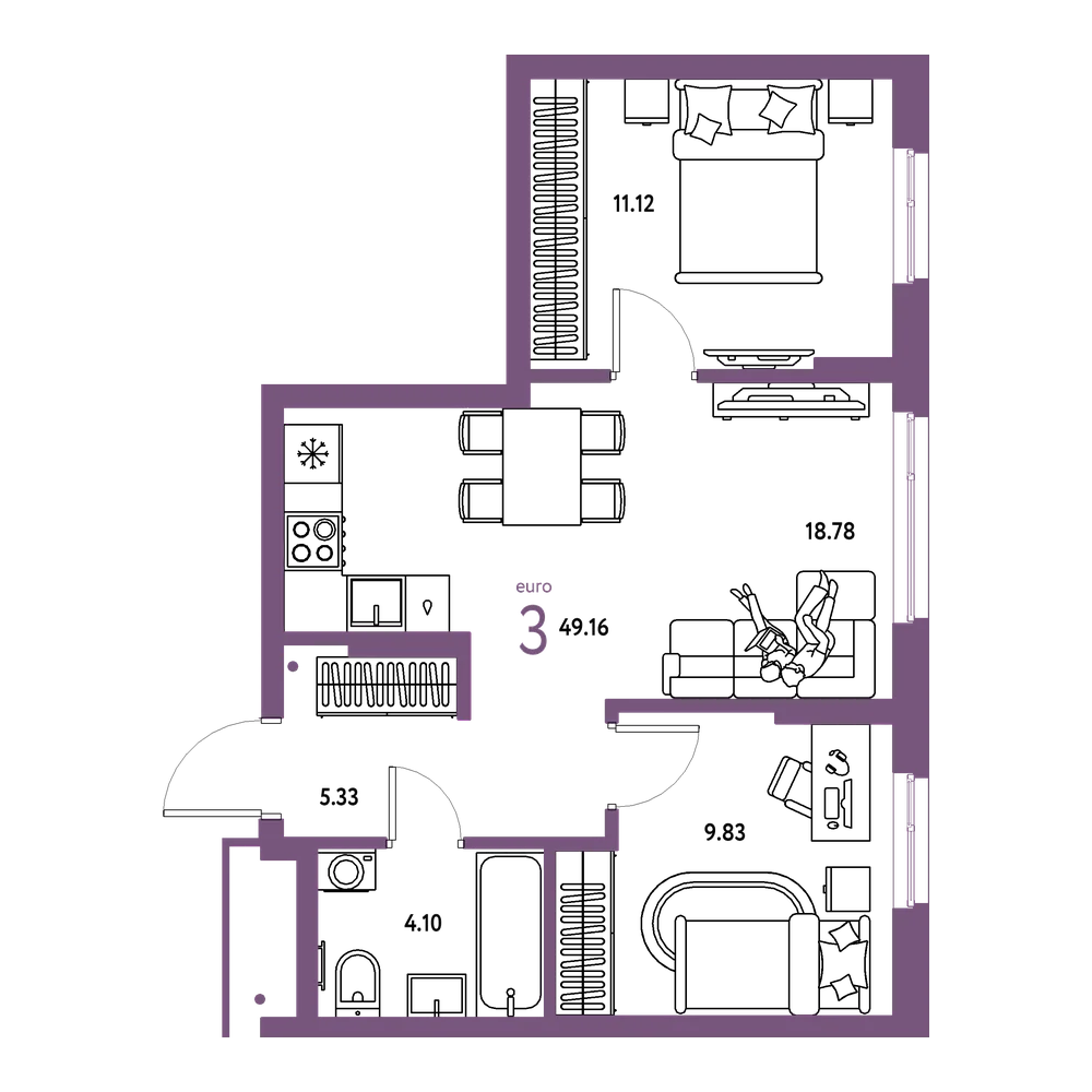 Планировка: Евротрёшка 49,16 м²