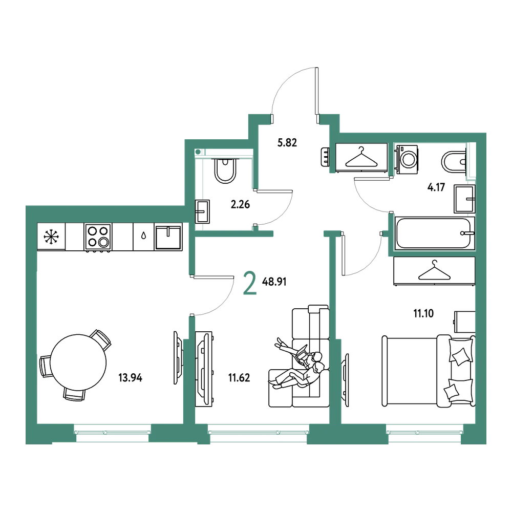 Планировка: 2-комнатная 48,91 м²