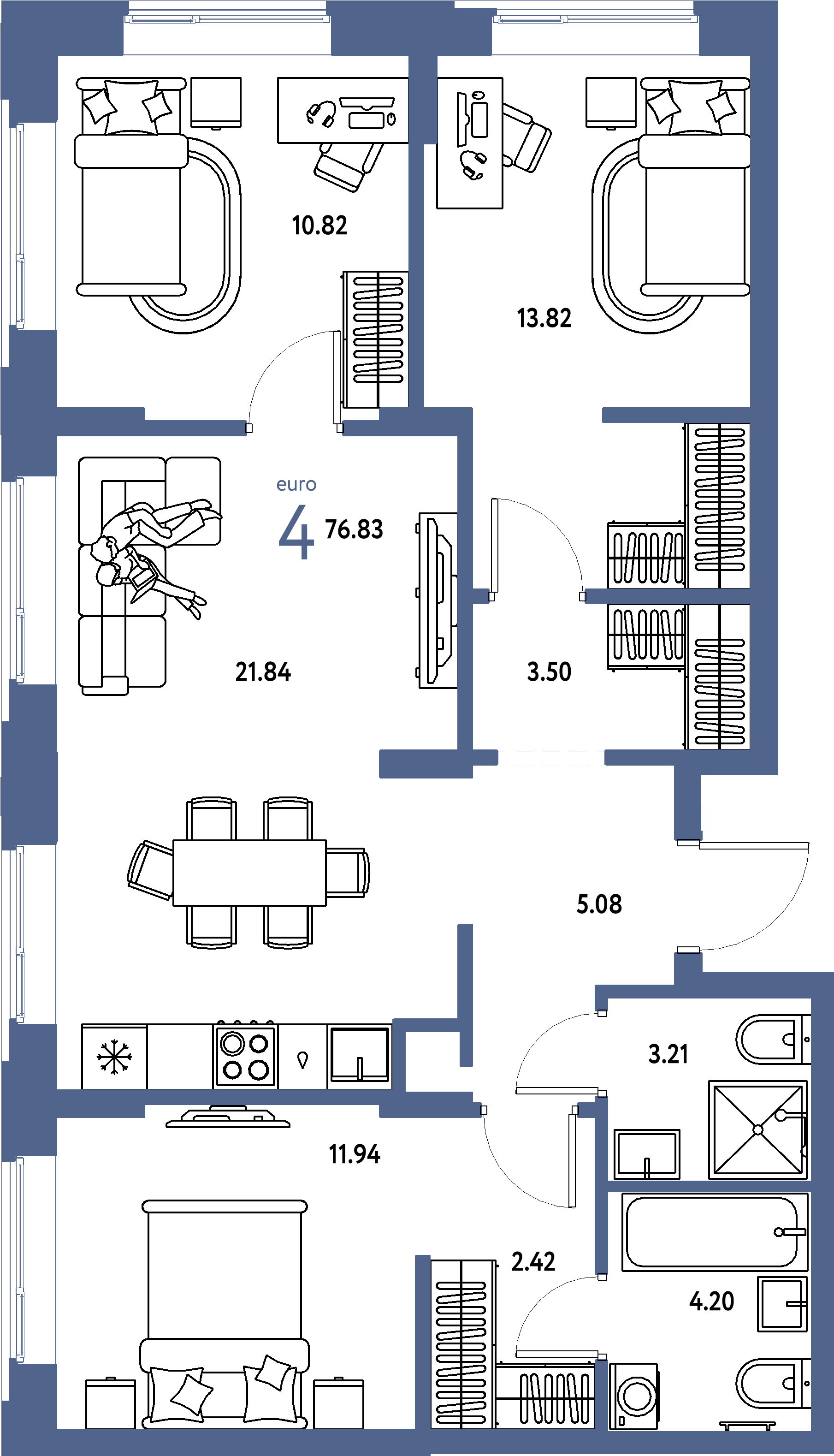 Планировка: Евро-4 76,83 м² в ЖК «Домашний»