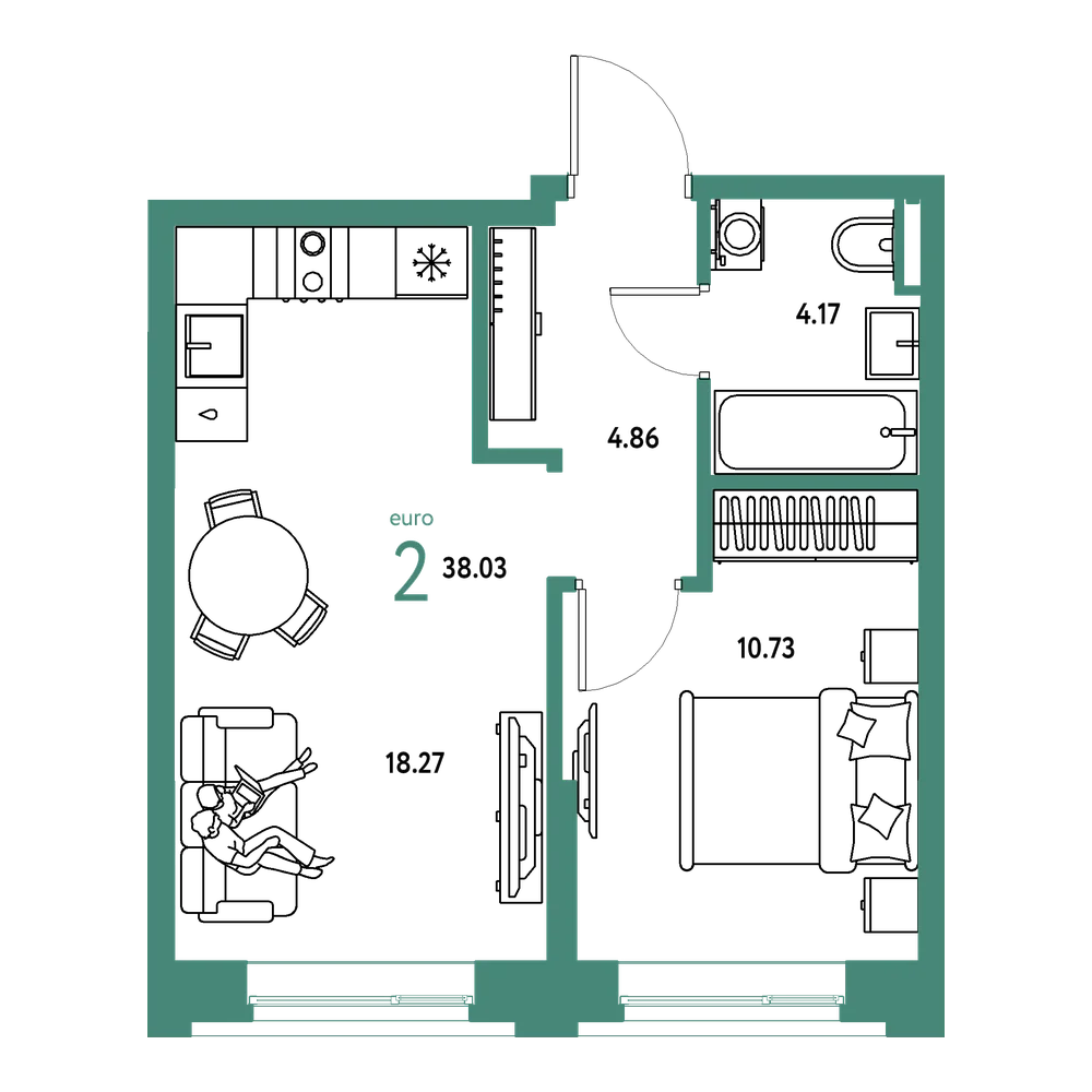 Планировка: Евродвушка 38,03 м²