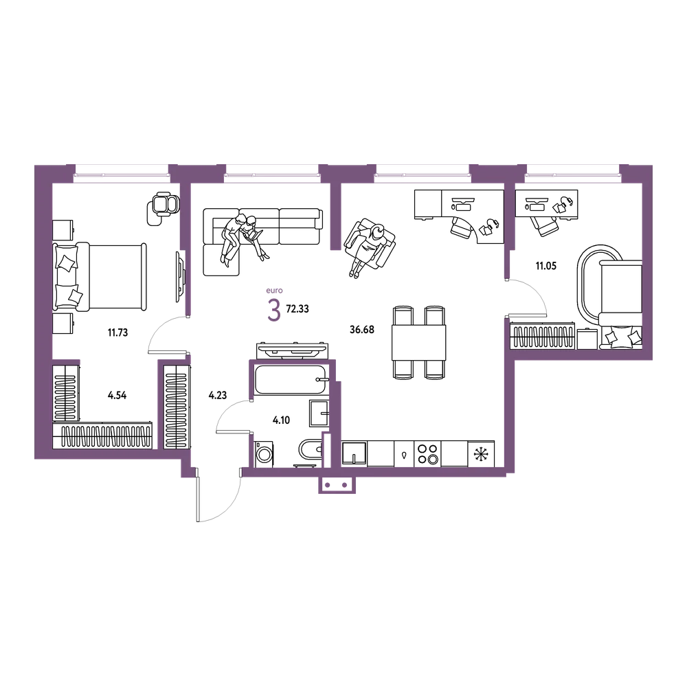 Планировка: Евротрёшка 72,33 м²