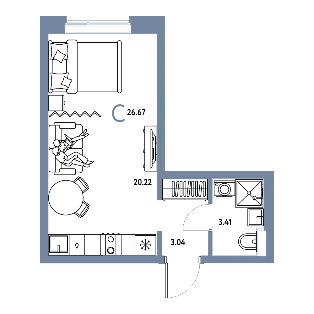 Планировка: Студия 26,67 м²