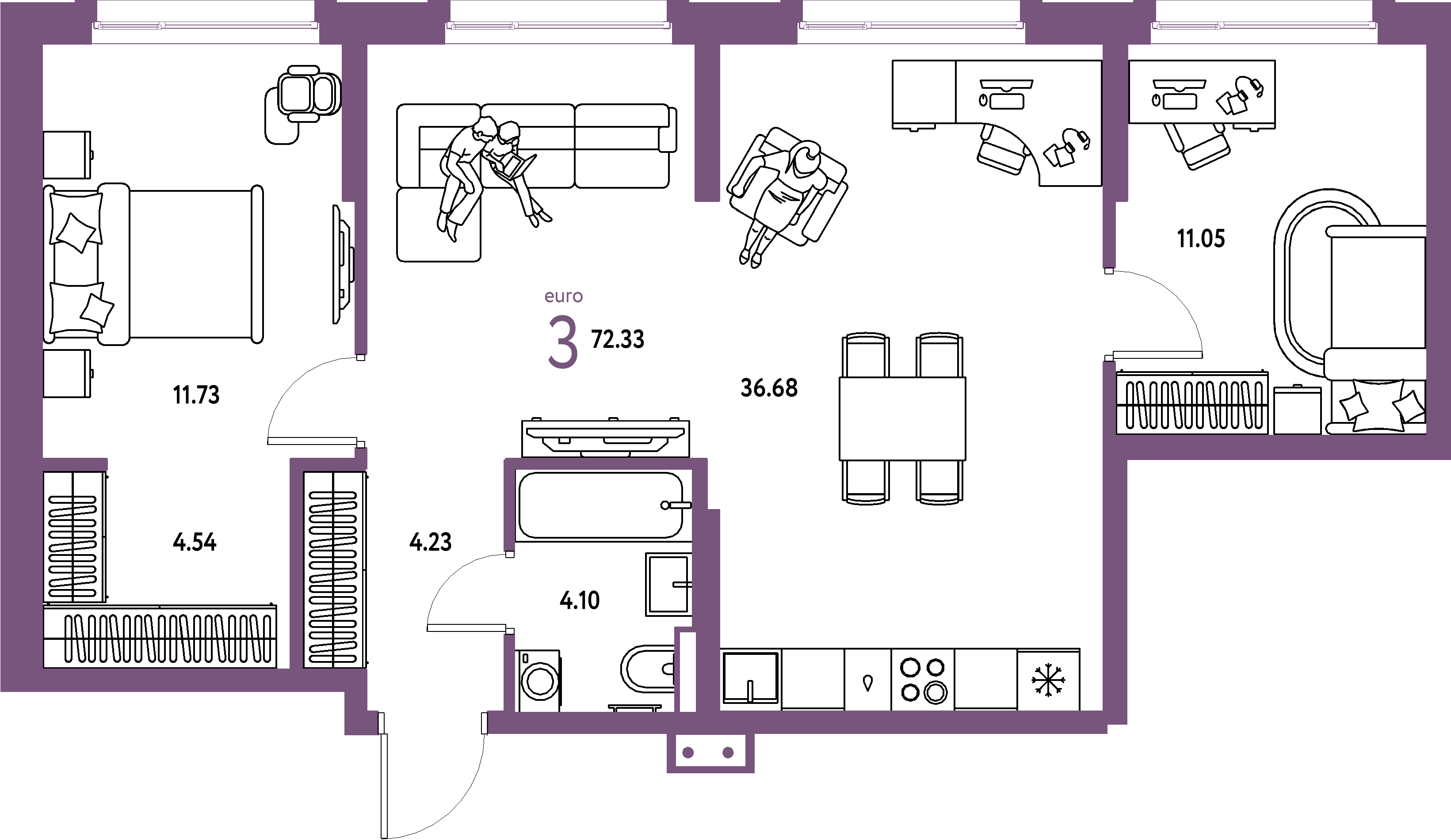 Планировка: Евротрёшка 72,33 м² в ЖК «Авторский»