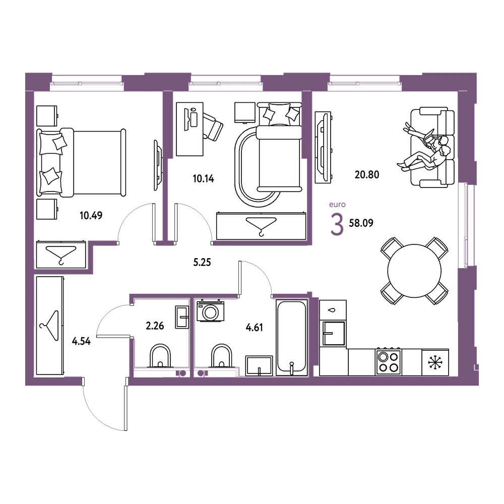 Планировка: Евротрёшка 58,09 м²