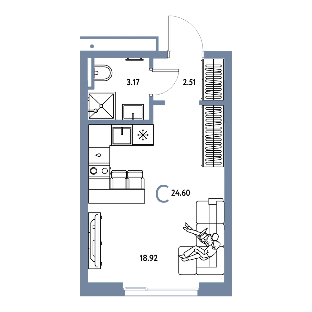 Планировка: Студия 24,6 м²