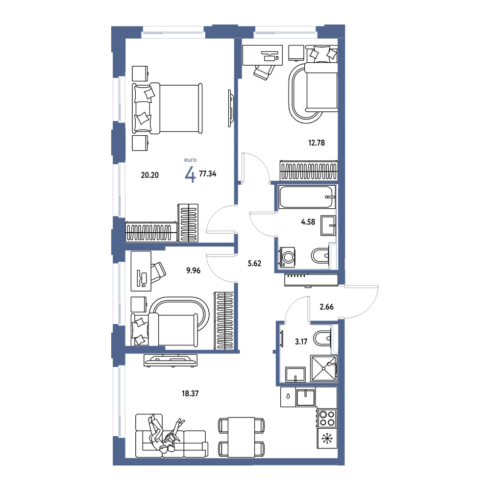 Планировка: Евро-4 77,34 м²