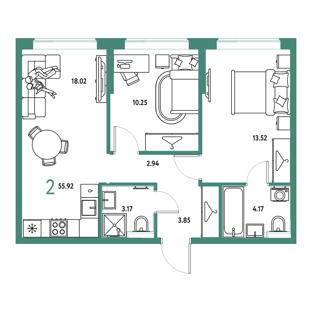 Планировка: 2-комнатная 55,92 м²