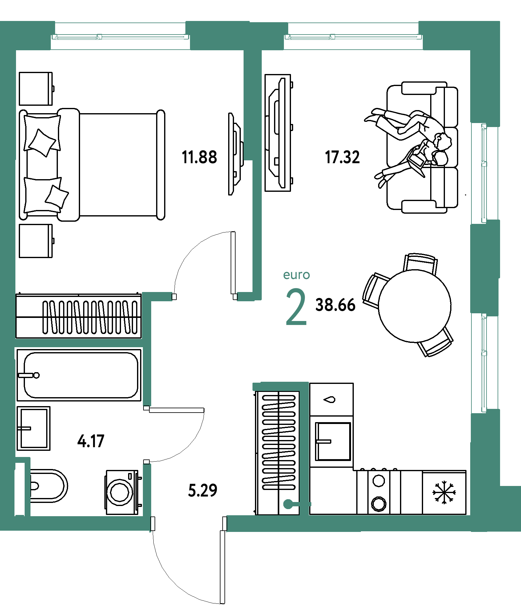 Планировка: Евродвушка 38,66 м² в ЖК «Остров-сад»
