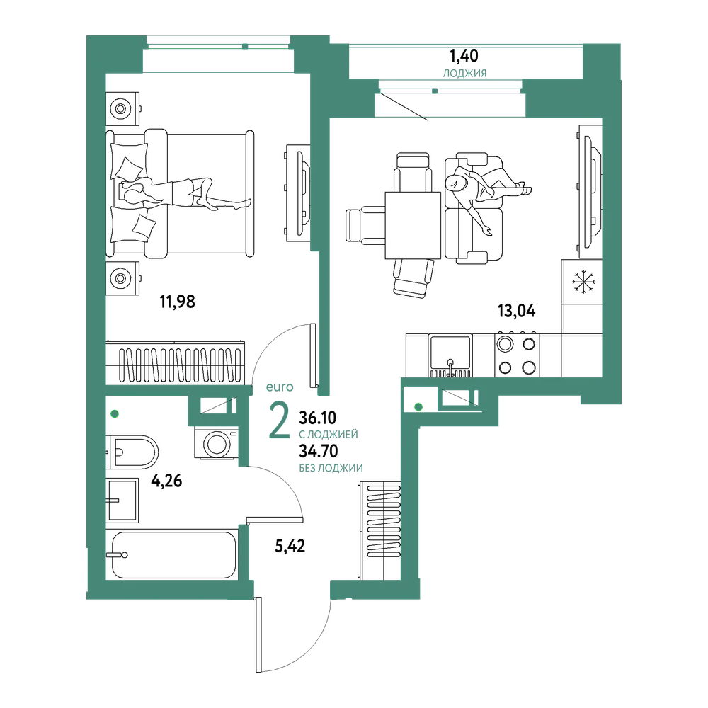 Планировка: Евродвушка 36,1 м²