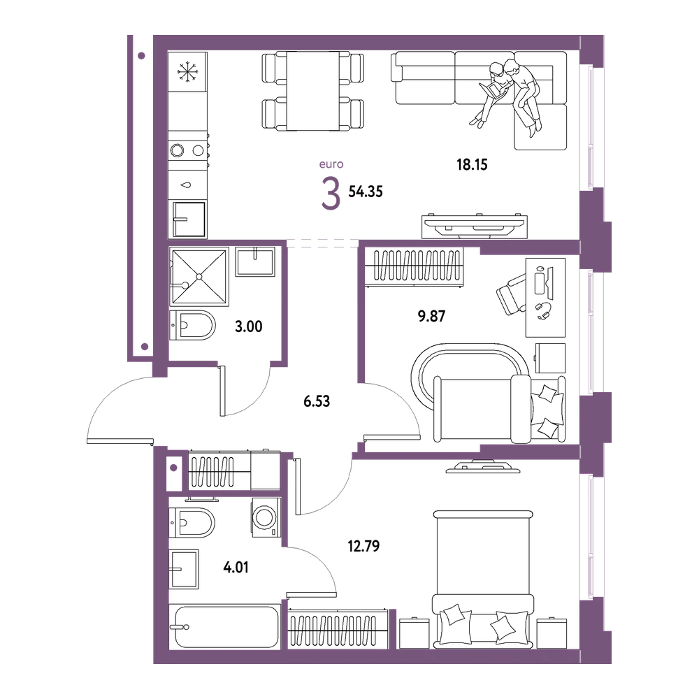 Планировка: Евротрёшка 54,35 м²