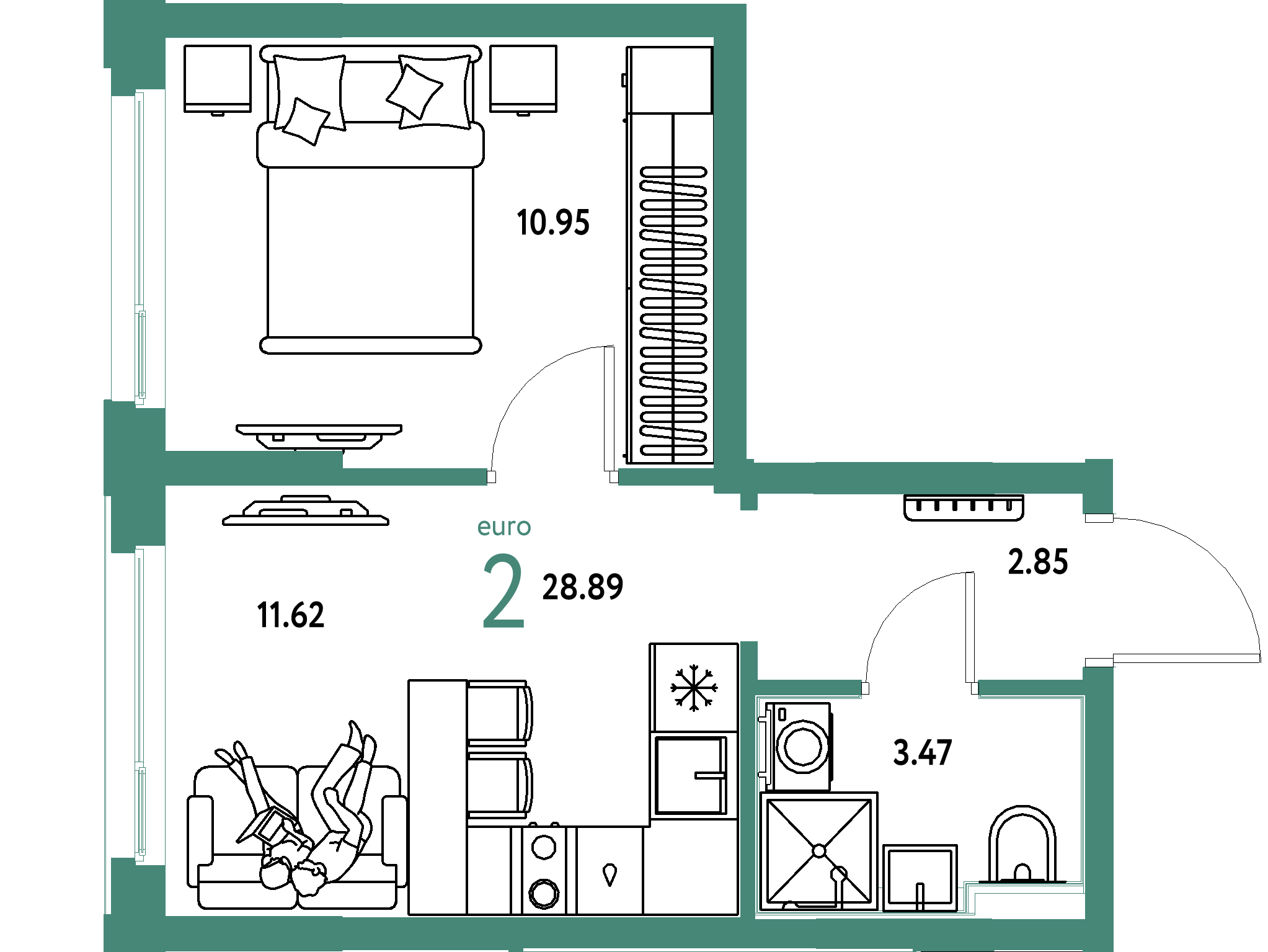 Планировка: Евродвушка 28,89 м² в ЖК «Сердце Сибири»