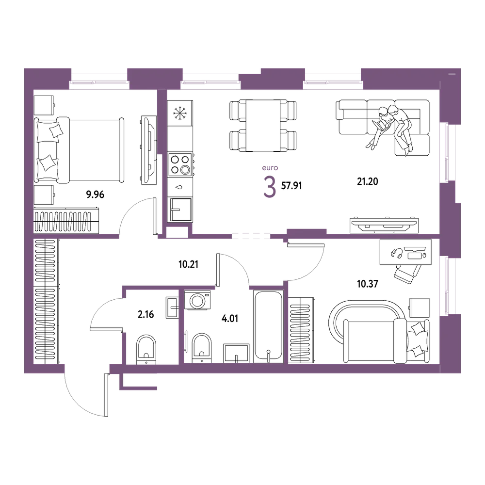 Планировка: Евротрёшка 57,91 м²