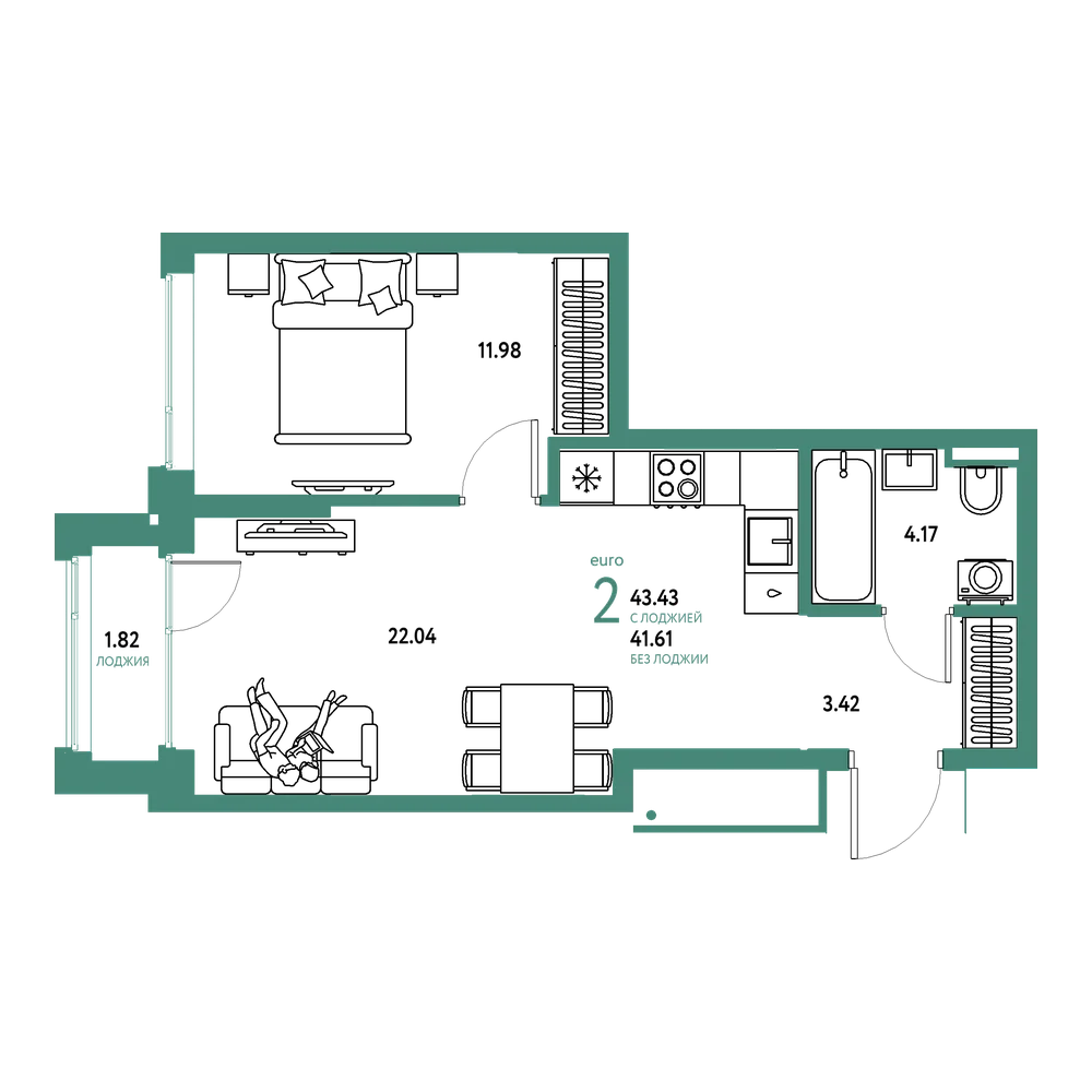 Планировка: Евродвушка 43,43 м²