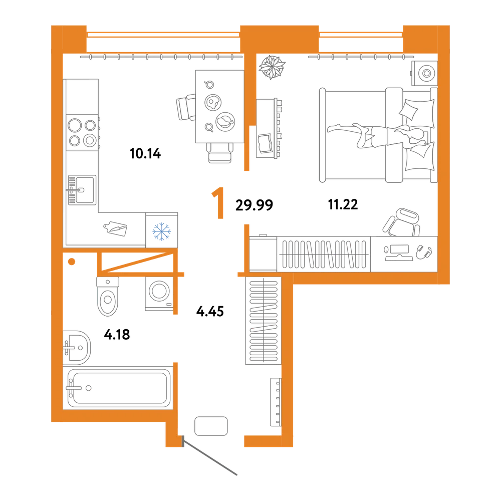 Планировка: 1-комнатная 29,99 м²