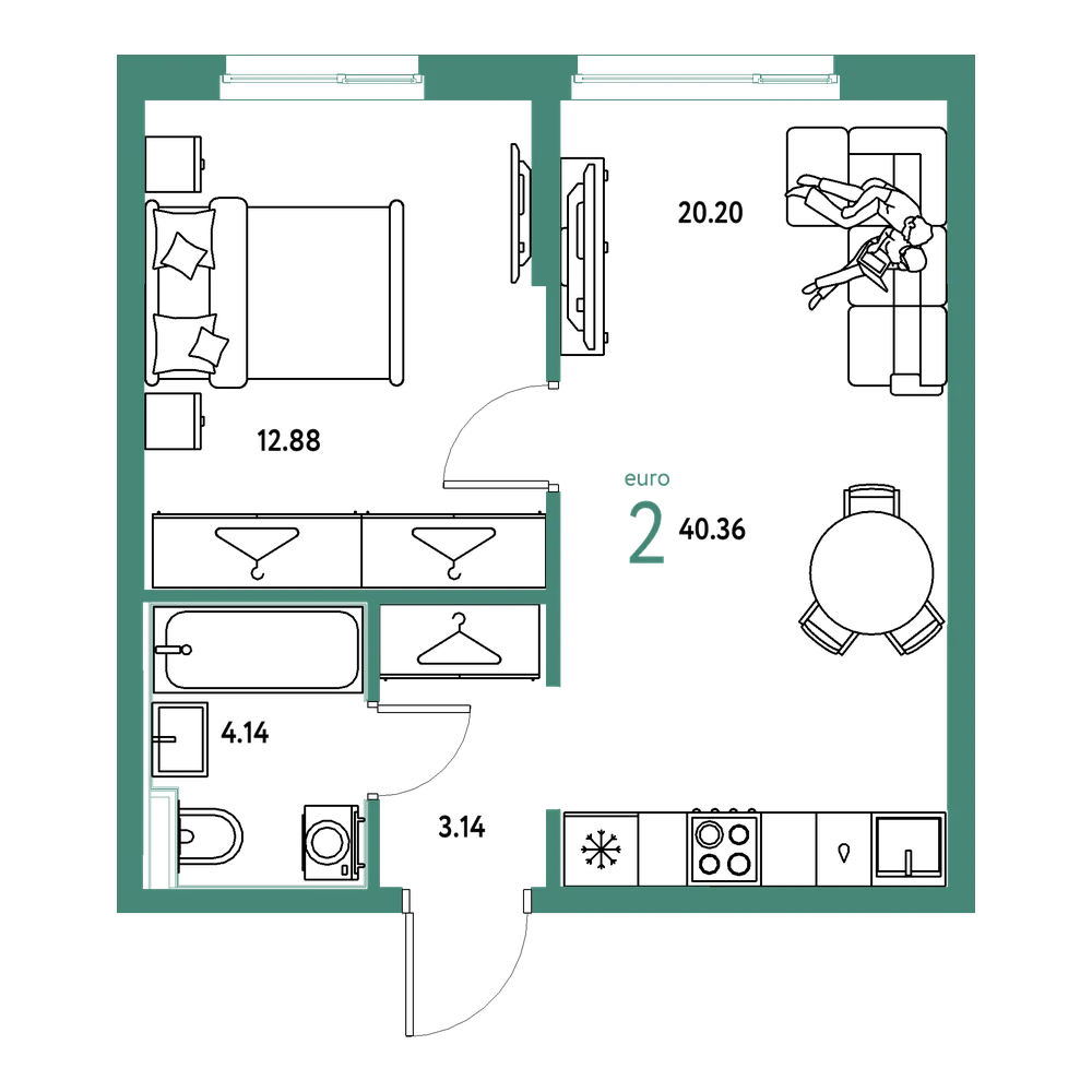 Планировка: Евродвушка 40,36 м²