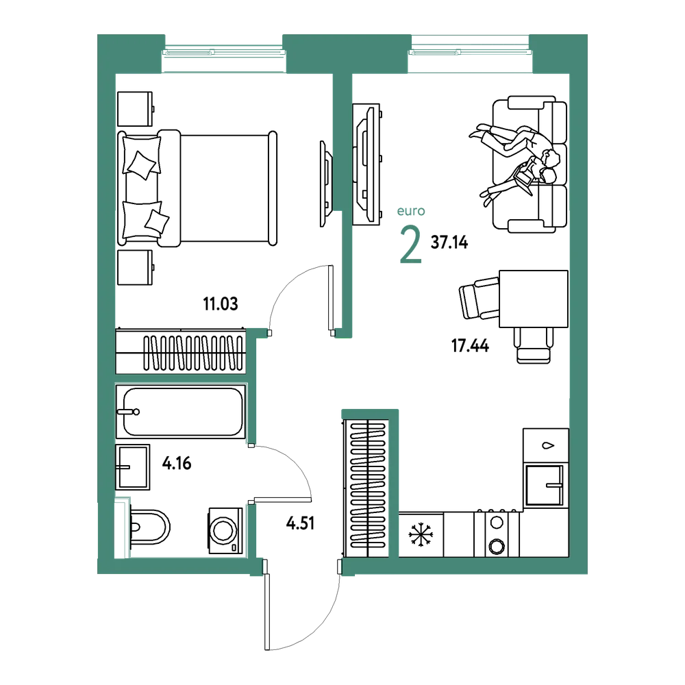 Планировка: Евродвушка 37,14 м²