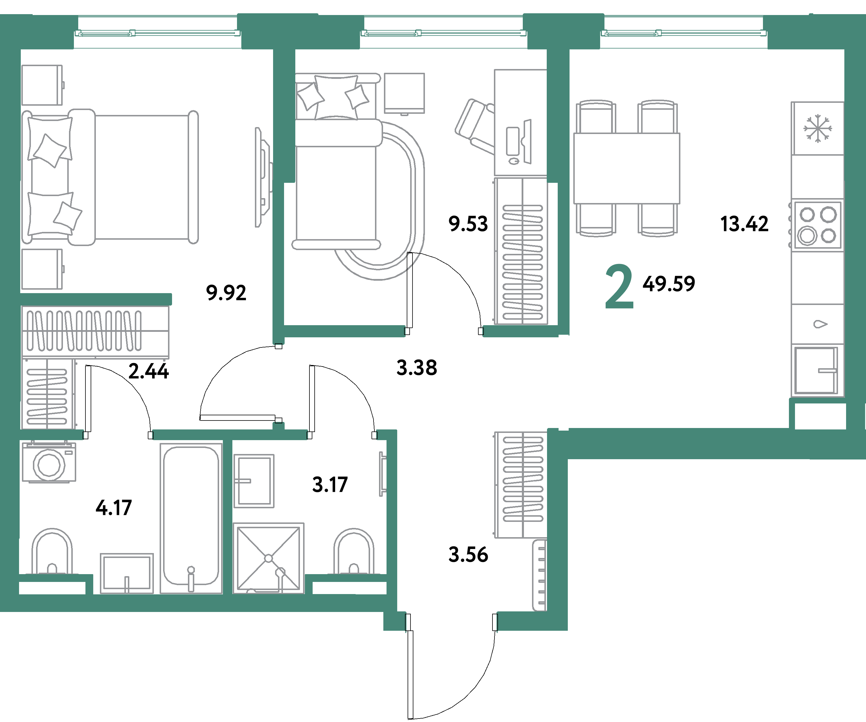 Планировка: 2-комнатная 49,59 м² в ЖК «Остров-сад»