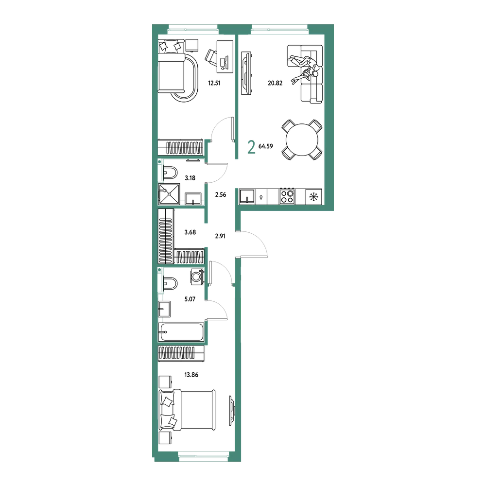 Планировка: 2-комнатная 64,59 м²