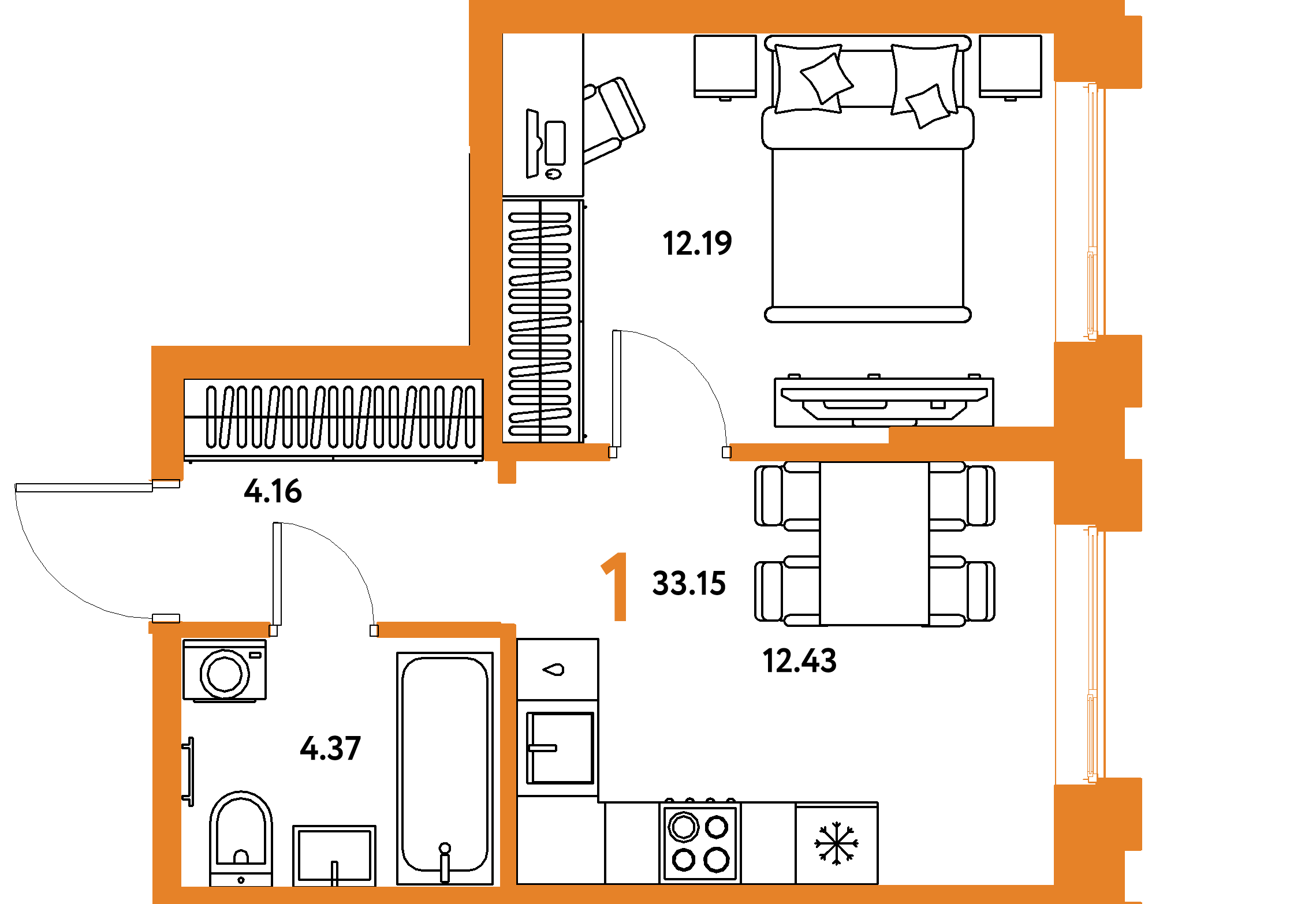 Планировка: 1-комнатная 33,15 м² в ЖК «Европейский берег 2.0»