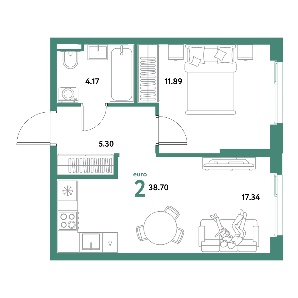 Планировка: Евродвушка 38,7 м²