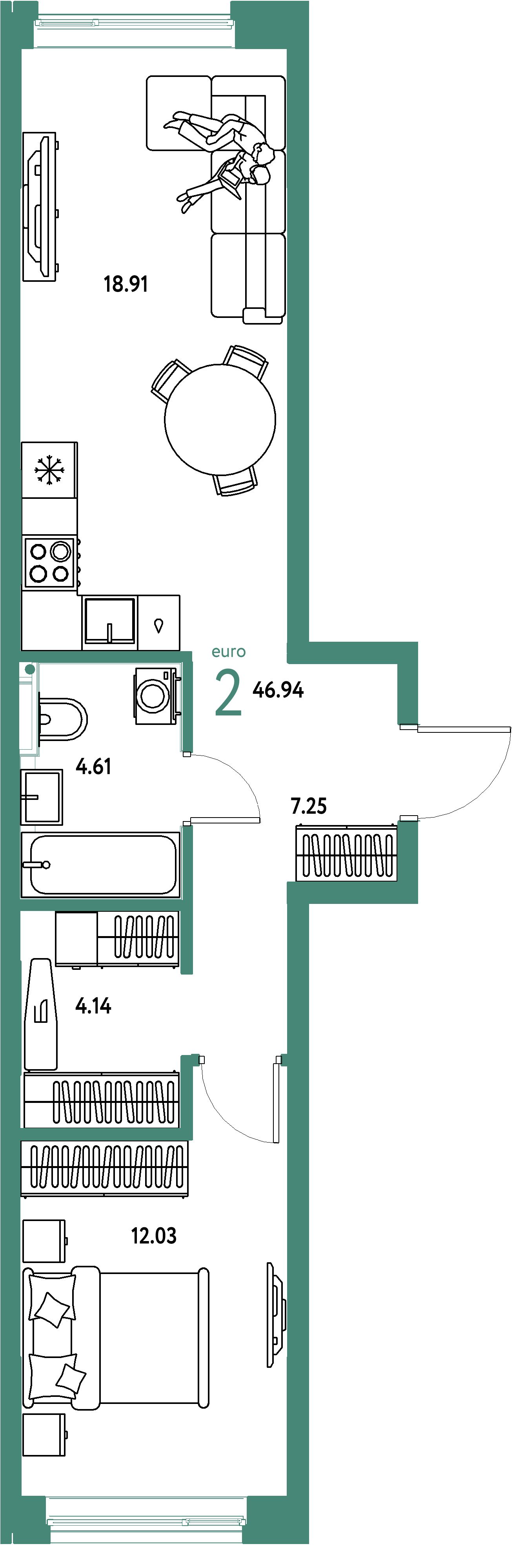 Планировка: Евродвушка 46,94 м² в ЖК «Остров-сад»