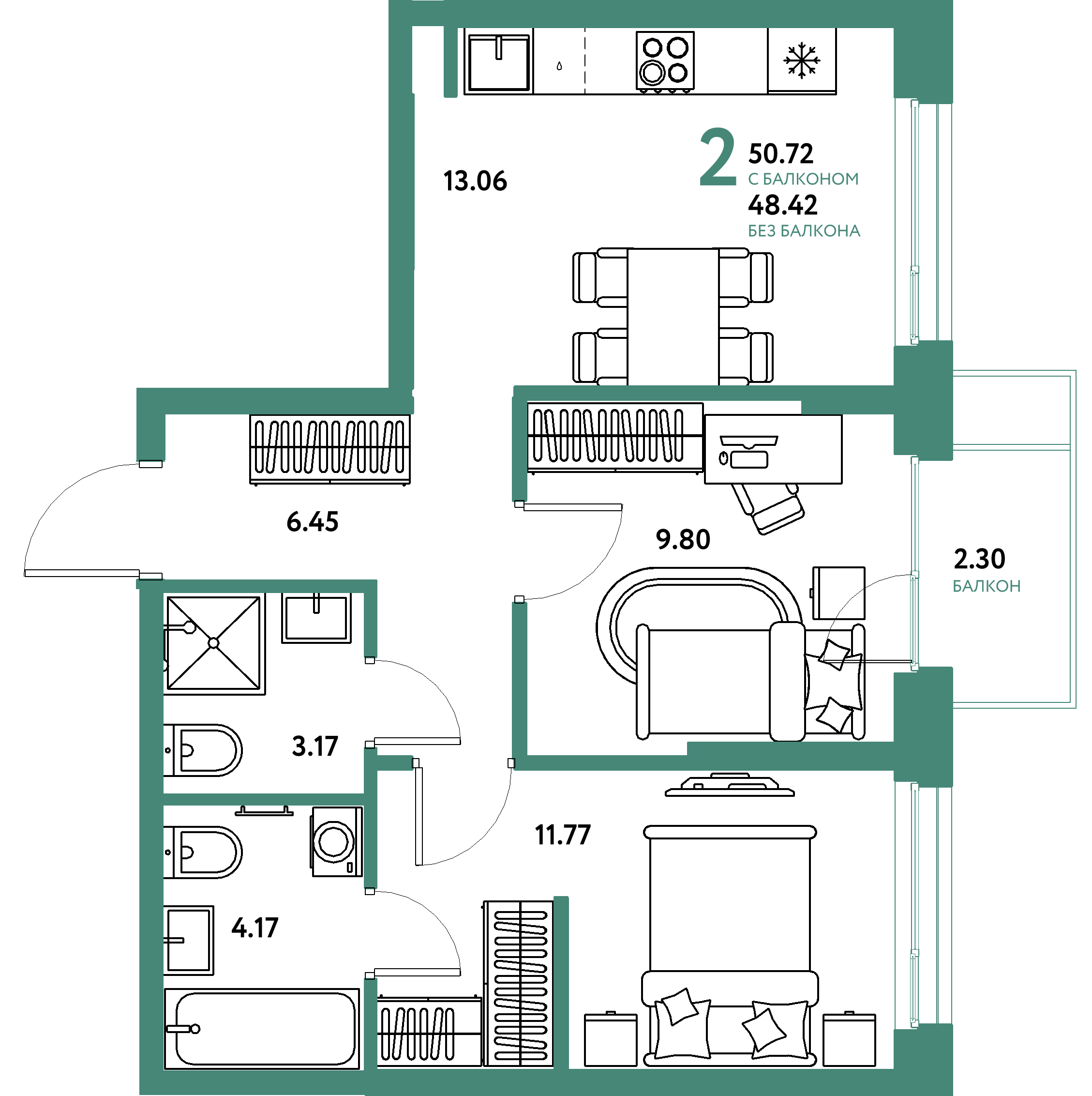 Планировка: 2-комнатная 50,72 м² в ЖК «Европейский берег 2.0»